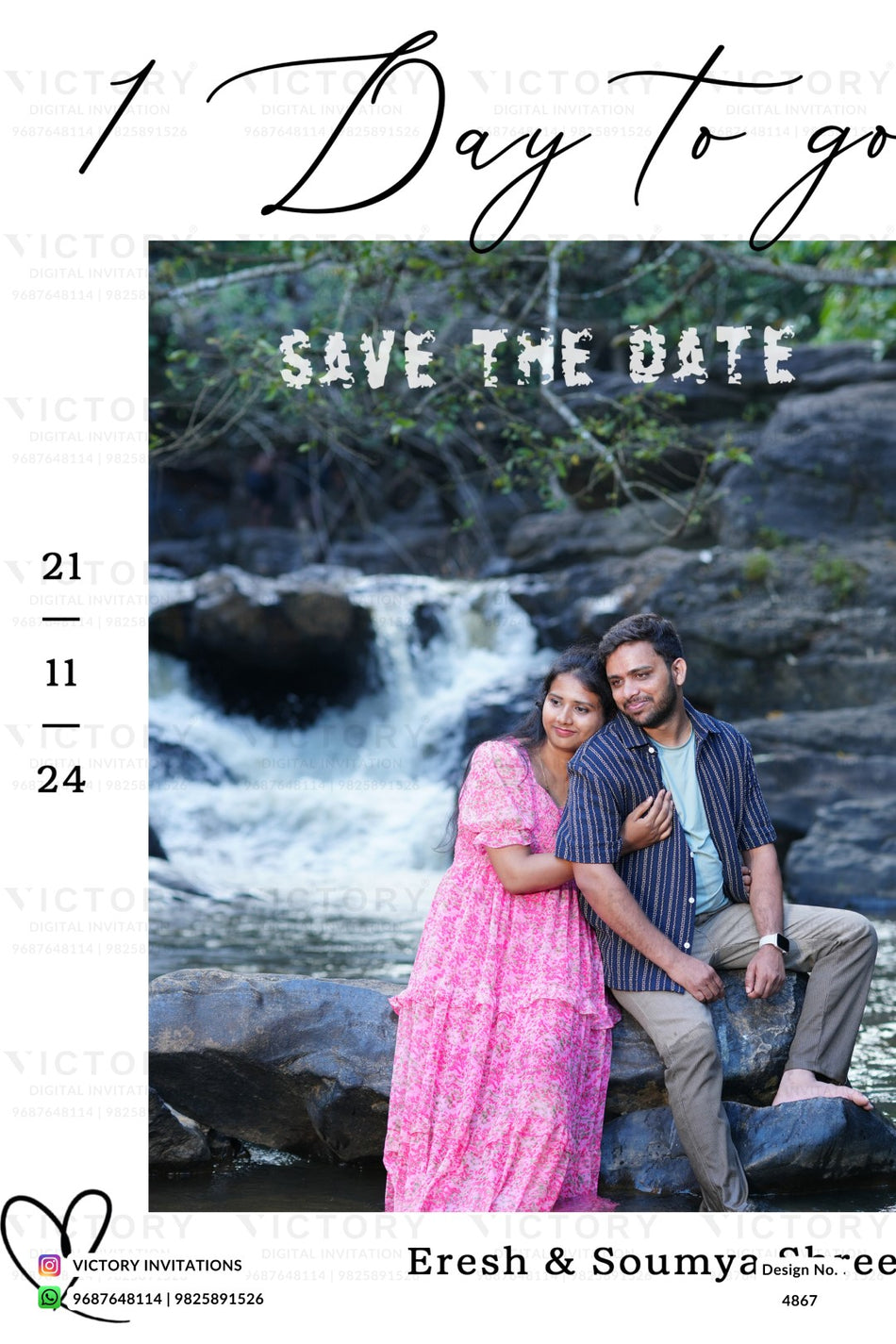 Save the Date wedding invitation card featuring a central photograph of a couple sitting by a waterfall, with white script text reading '1 Day to go' and 'SAVE THE DATE' on a white background.