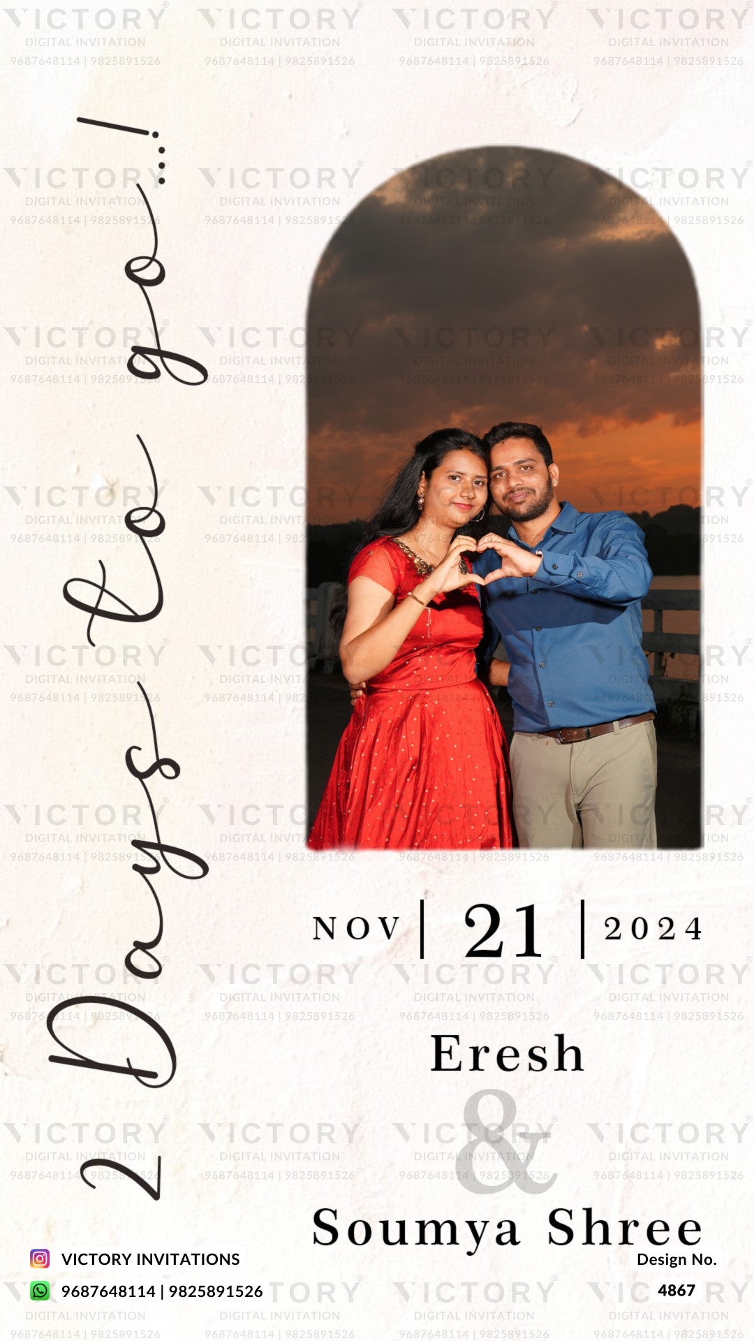Custom wedding countdown calendar card design featuring a photo of a couple forming a heart shape, with '2 Days to go.