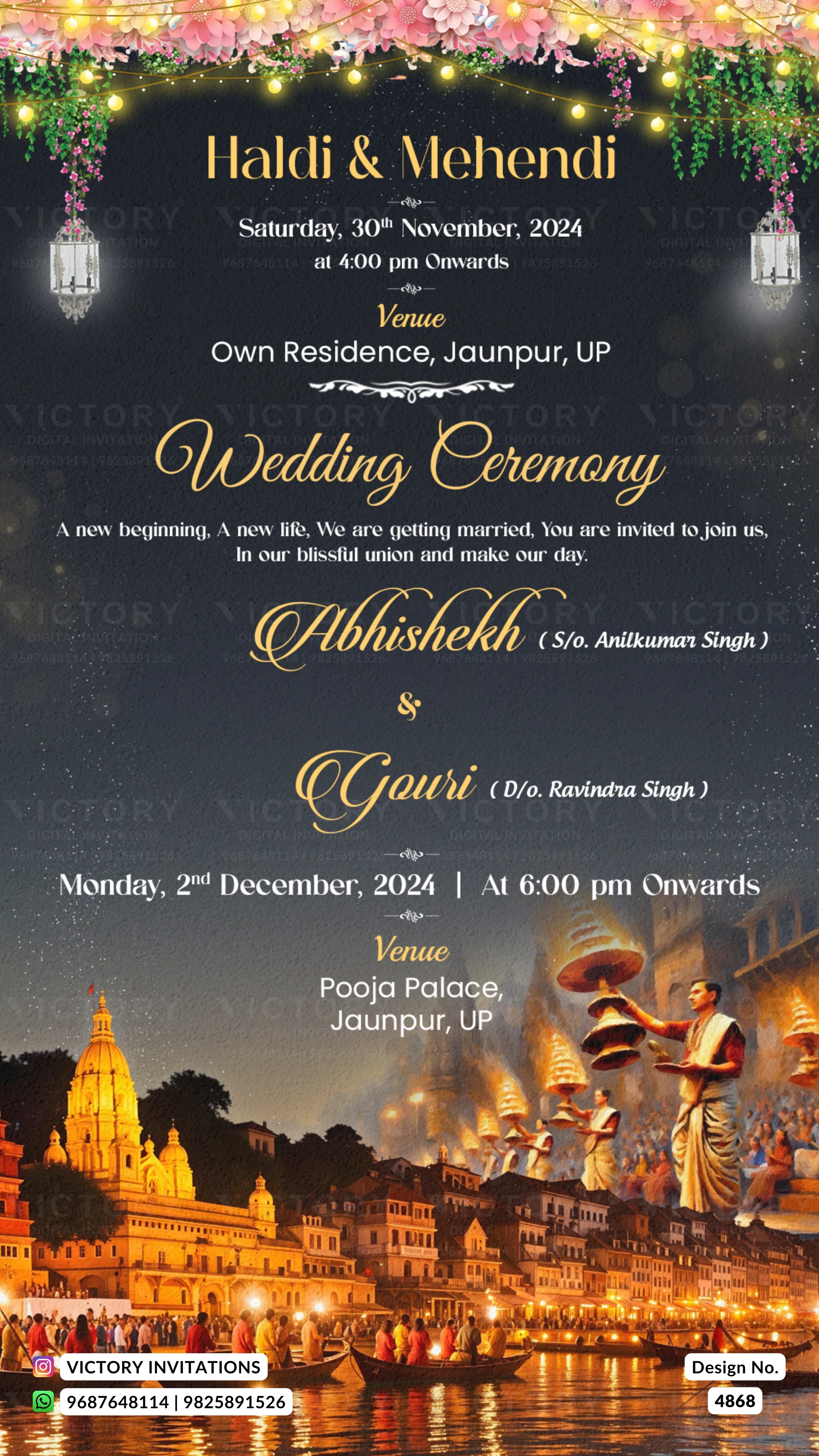 A digital Haldi & Mehendi wedding invitation card featuring elegant gold and white typography on a dark textured background, decorated with festive floral garlands and hanging lanterns at the top, and a golden illuminated riverfront palace scene at the bottom.