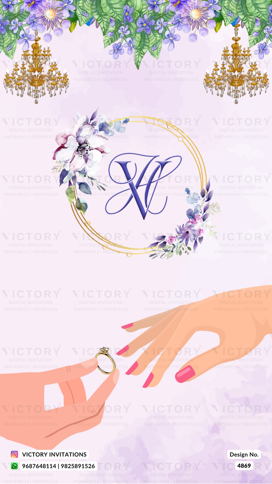 A wedding invitation card design featuring a central gold oval frame with a blue monogram 'XC' surrounded by purple and white flowers. Two illustrated hands with pink nails are shown at the bottom, one offering a ring.