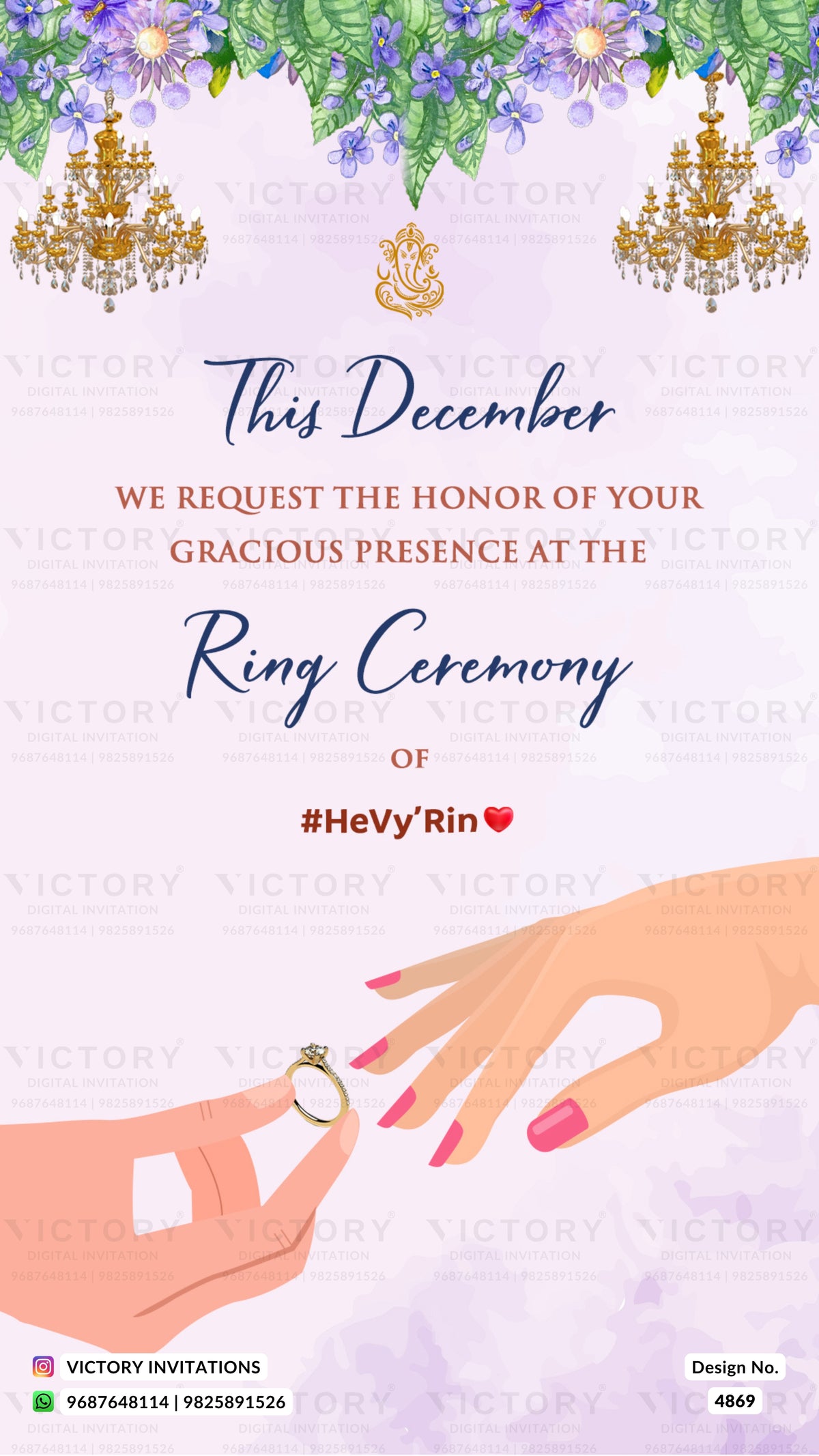 A digital invitation card design for a ring ceremony, featuring elegant typography, floral chandelier illustrations, and a hand holding a ring about to be offered to another hand with pink nails.