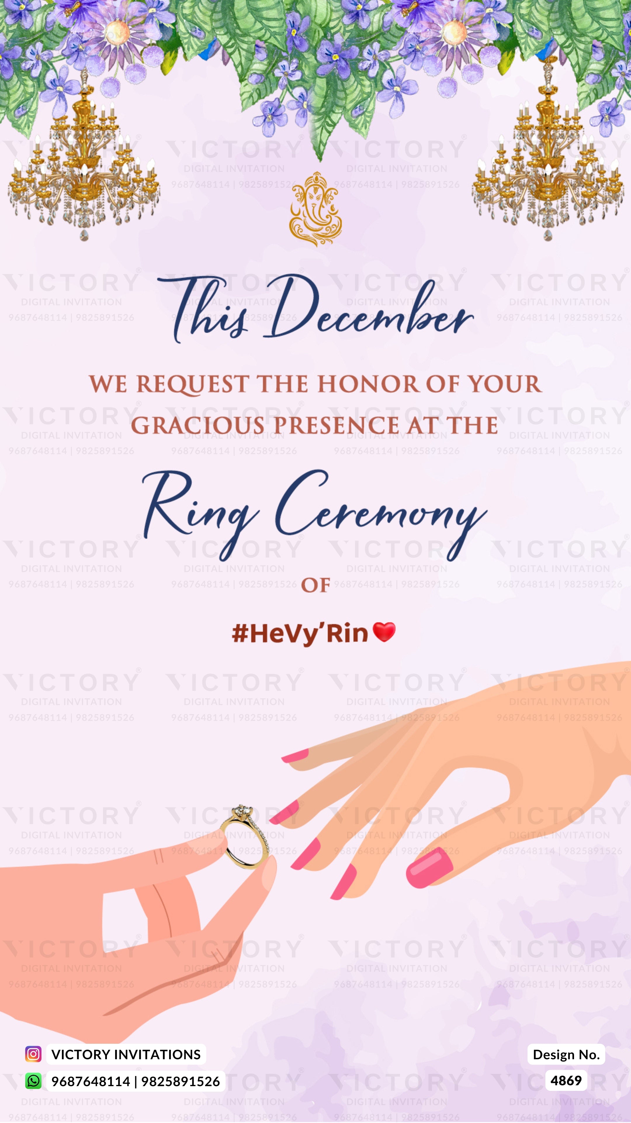 A digital invitation card design for a ring ceremony, featuring elegant typography, floral chandelier illustrations, and a hand holding a ring about to be offered to another hand with pink nails.