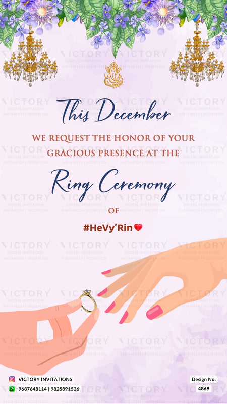 A digital invitation card design for a ring ceremony, featuring elegant typography, floral chandelier illustrations, and a hand holding a ring about to be offered to another hand with pink nails.