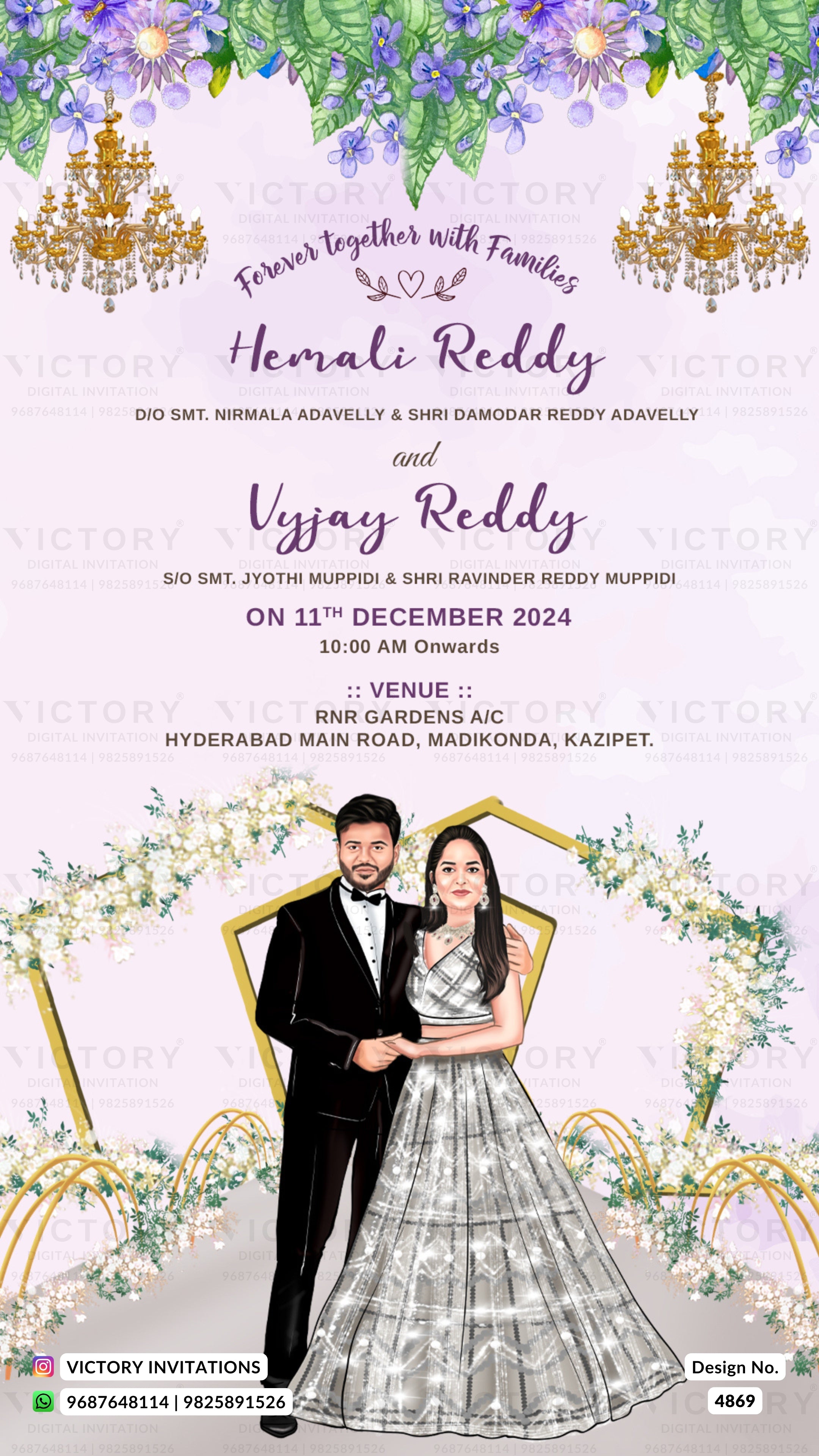 A digital wedding invitation card featuring a light lavender background with elegant purple and black script text. The top is decorated with watercolor purple flowers, hanging gold chandeliers, and green leaves, while the bottom features a couple in formal wedding attire framed by gold geometric borders and floral arches.