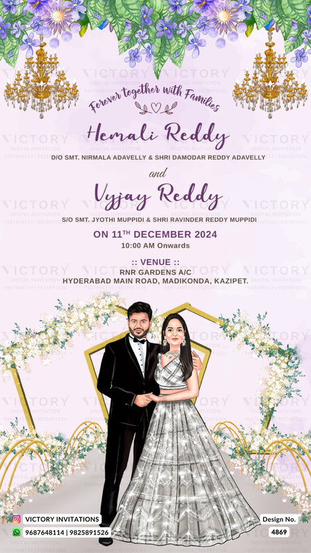 A digital wedding invitation card featuring a light lavender background with elegant purple and black script text. The top is decorated with watercolor purple flowers, hanging gold chandeliers, and green leaves, while the bottom features a couple in formal wedding attire framed by gold geometric borders and floral arches.