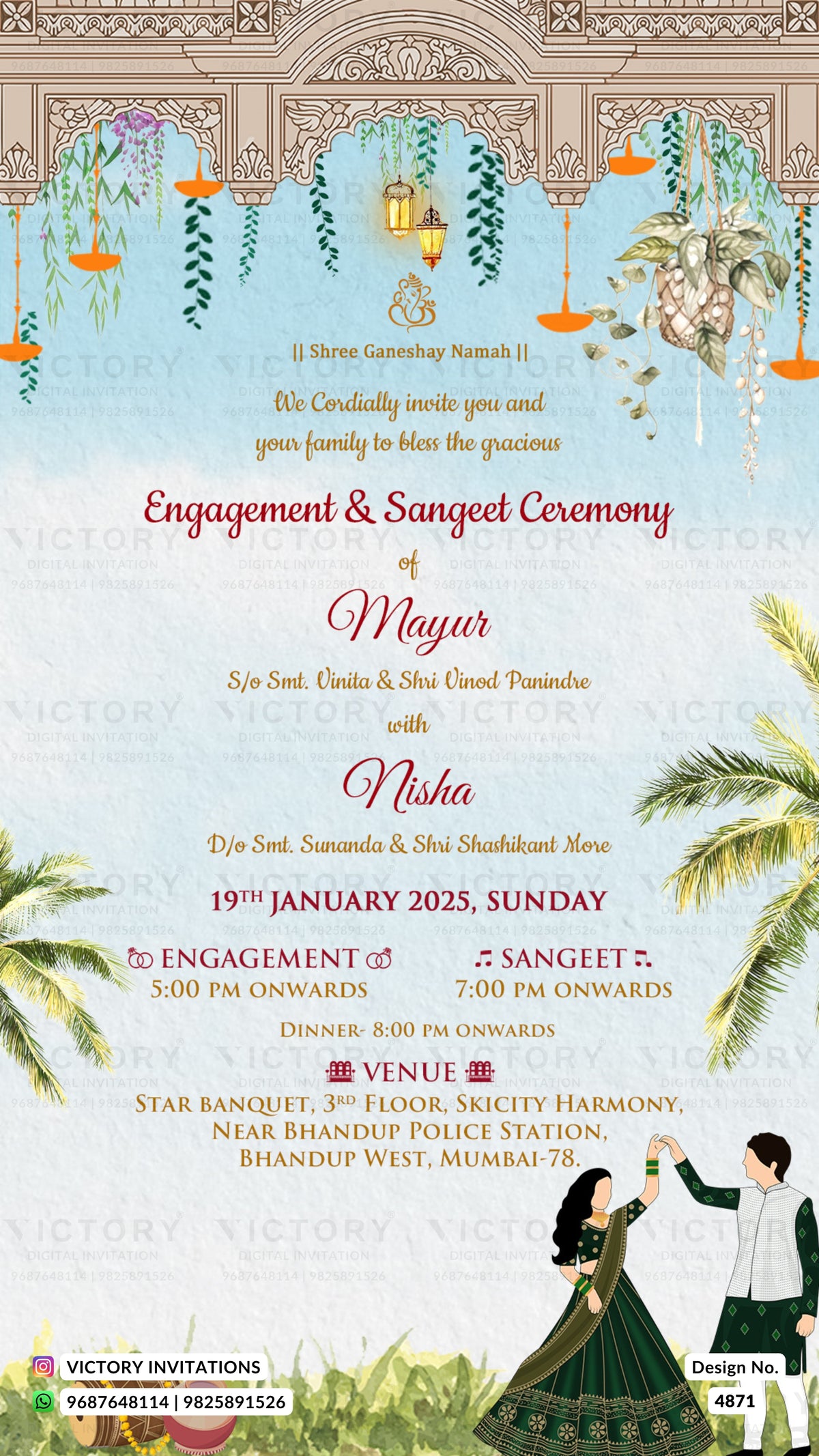 Engagement and Sangeet ceremony invitation card for Mayur and Nisha, featuring a traditional Indian architectural design with hanging lanterns, green leaves, and a couple in traditional wedding attire at the bottom.