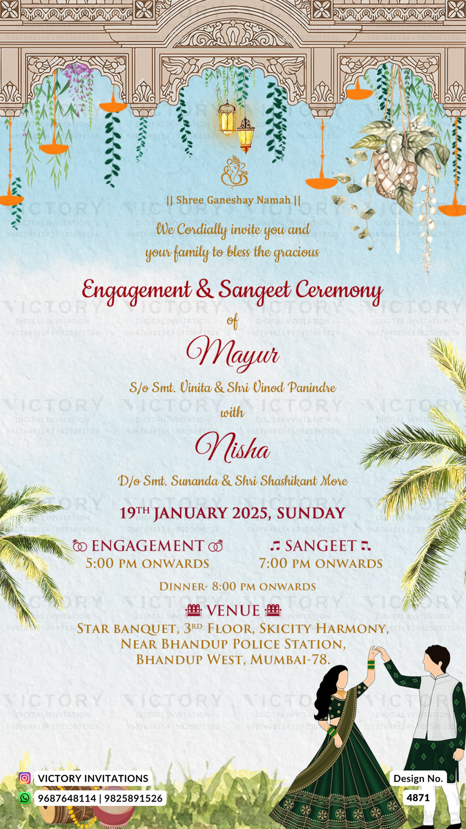 Engagement and Sangeet ceremony invitation card for Mayur and Nisha, featuring a traditional Indian architectural design with hanging lanterns, green leaves, and a couple in traditional wedding attire at the bottom.