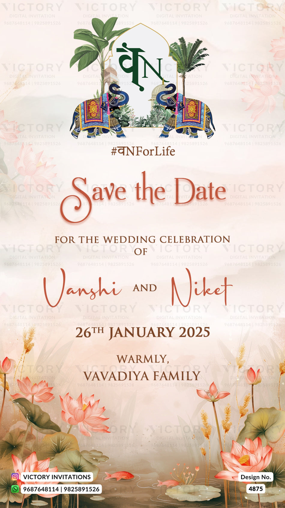 Save the Date card in english language with lotus, elephant as floral theme design 4875