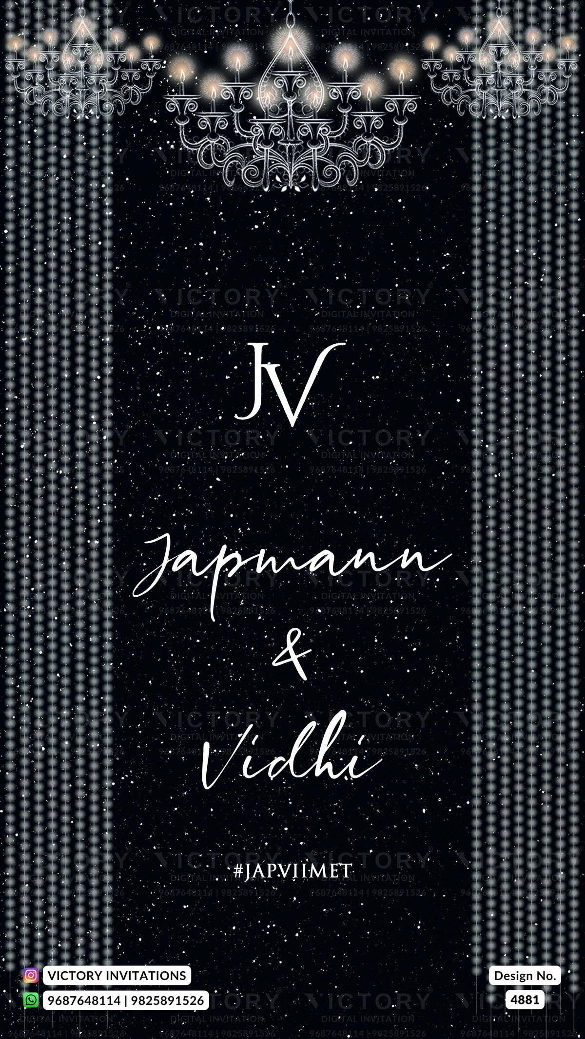 A digital preview of a custom wedding invitation card featuring a dark black background with white text reading 'JV', 'Japmann & Vidhi', and '#JAPVIIMET'. The design is decorated with elegant white chandeliers at the top, vertical dotted columns on the sides, and subtle white star-like speckles throughout.
