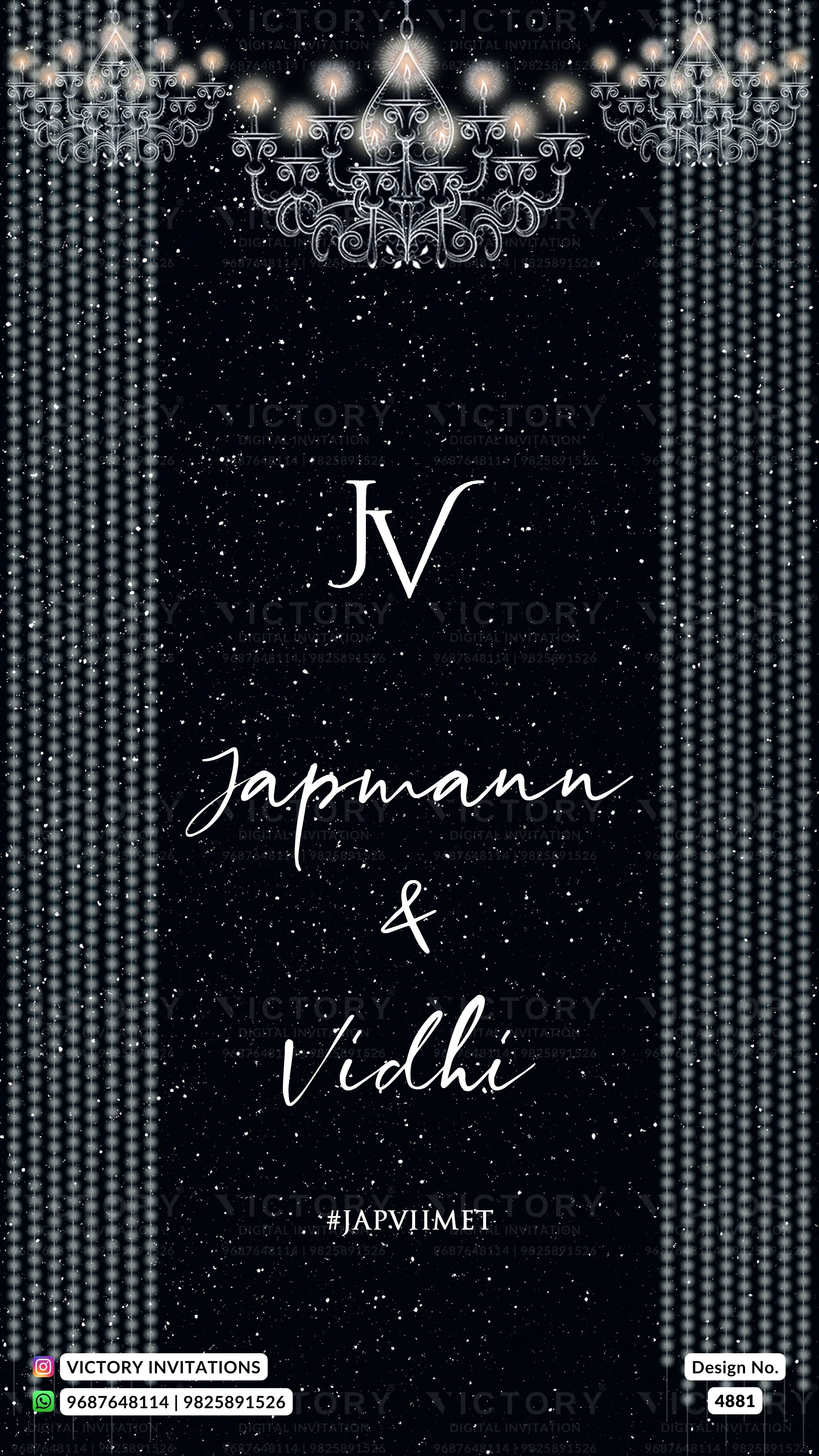 A digital preview of a custom wedding invitation card featuring a dark black background with white text reading 'JV', 'Japmann & Vidhi', and '#JAPVIIMET'. The design is decorated with elegant white chandeliers at the top, vertical dotted columns on the sides, and subtle white star-like speckles throughout.