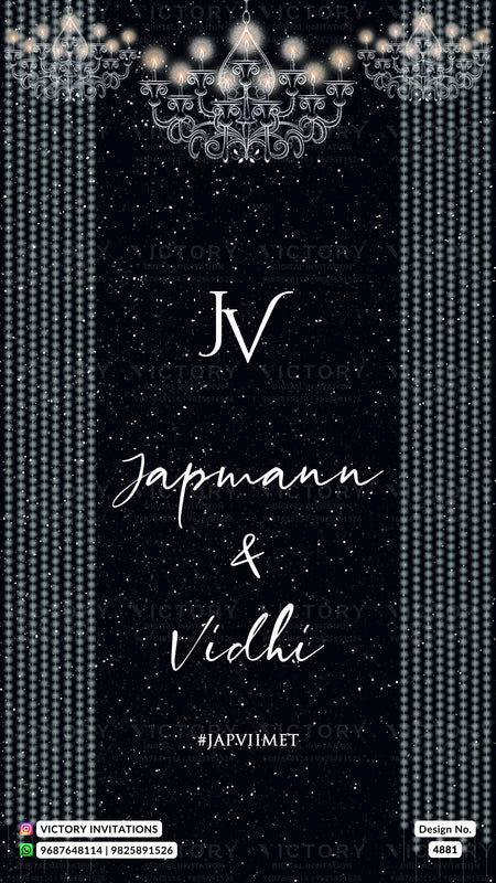 A digital preview of a custom wedding invitation card featuring a dark black background with white text reading 'JV', 'Japmann & Vidhi', and '#JAPVIIMET'. The design is decorated with elegant white chandeliers at the top, vertical dotted columns on the sides, and subtle white star-like speckles throughout.
