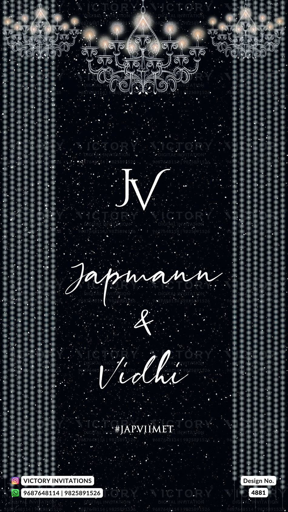 A digital preview of a custom wedding invitation card featuring a dark black background with white text reading 'JV', 'Japmann & Vidhi', and '#JAPVIIMET'. The design is decorated with elegant white chandeliers at the top, vertical dotted columns on the sides, and subtle white star-like speckles throughout.