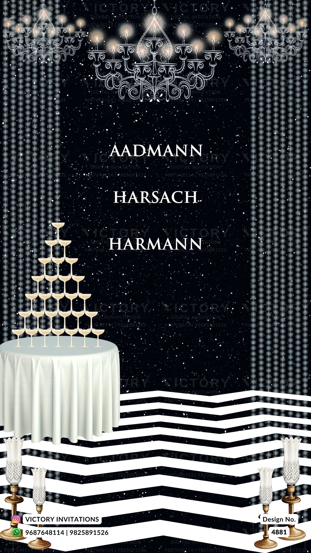 A custom black and white wedding invitation template featuring elegant typography reading 'AADMANN HARSACH HARMANN' on a starry black background, decorated with a champagne tower on a white draped table, hanging chandeliers, and black-and-white striped flooring. Watermarks for 'Victory Invitations' are visible.