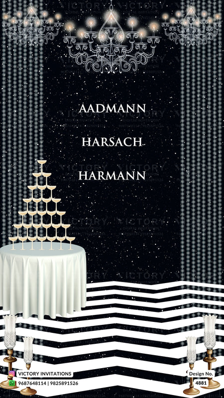 A custom black and white wedding invitation template featuring elegant typography reading 'AADMANN HARSACH HARMANN' on a starry black background, decorated with a champagne tower on a white draped table, hanging chandeliers, and black-and-white striped flooring. Watermarks for 'Victory Invitations' are visible.