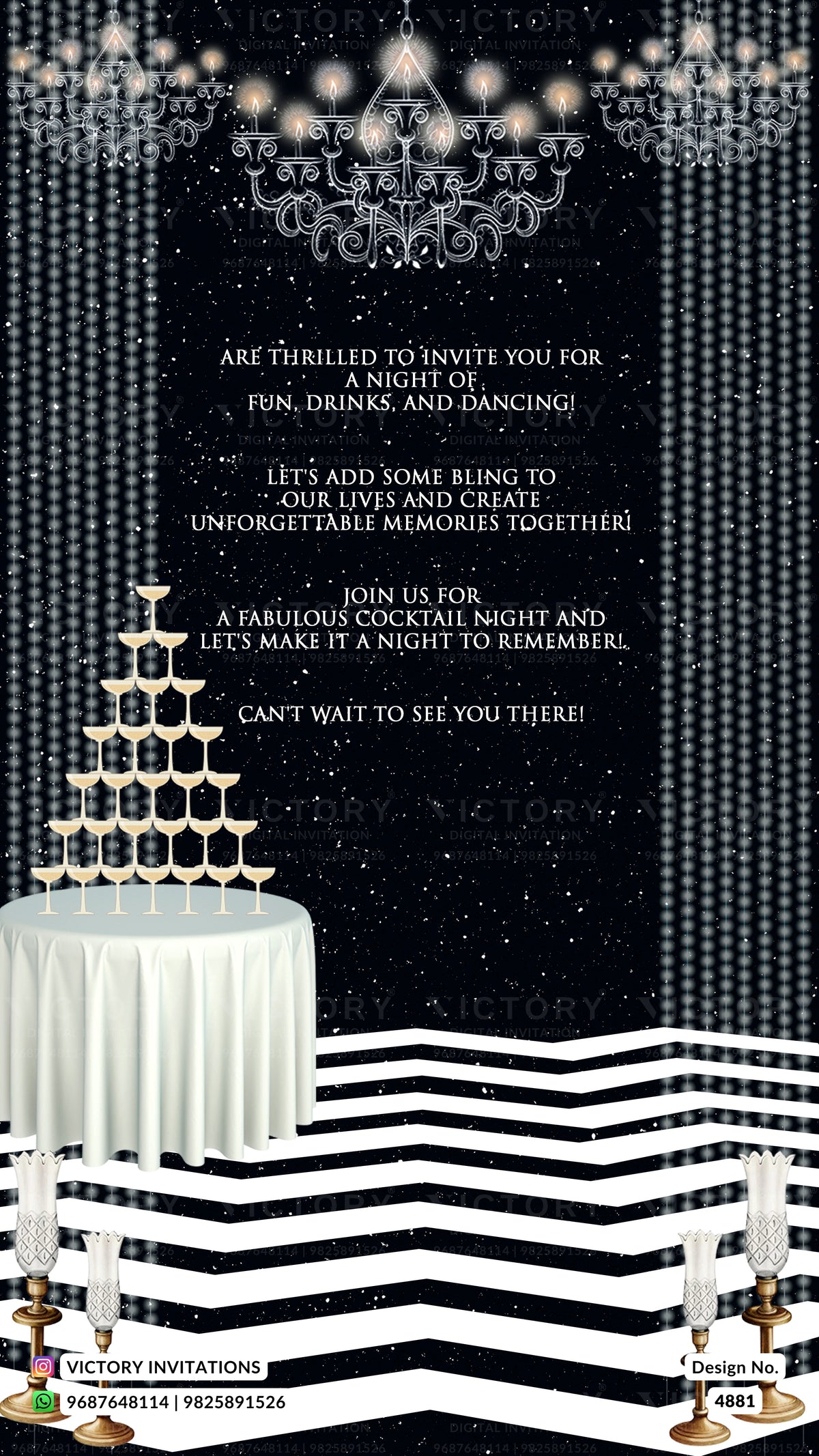 A digital invitation template for a cocktail night party, featuring a black and white theme with a champagne tower, chandeliers, and a striped floor. The text reads: 'ARE THRILLED TO INVITE YOU FOR A NIGHT OF FUN, DRINKS, AND DANCING!'.
