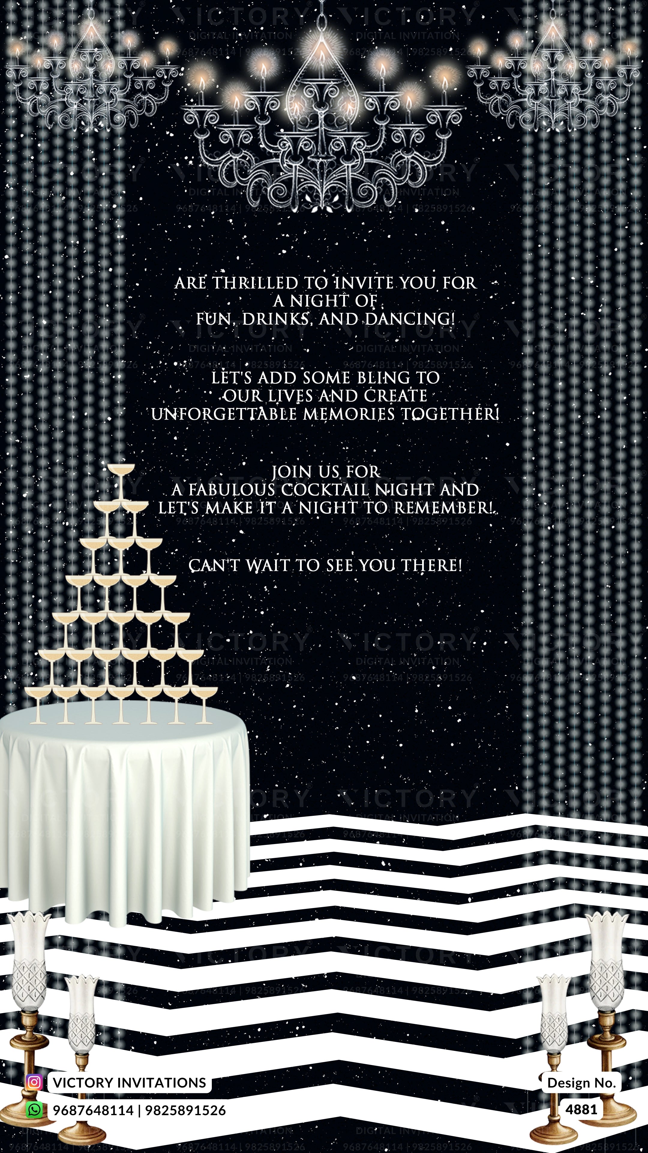 A digital invitation template for a cocktail night party, featuring a black and white theme with a champagne tower, chandeliers, and a striped floor. The text reads: 'ARE THRILLED TO INVITE YOU FOR A NIGHT OF FUN, DRINKS, AND DANCING!'.