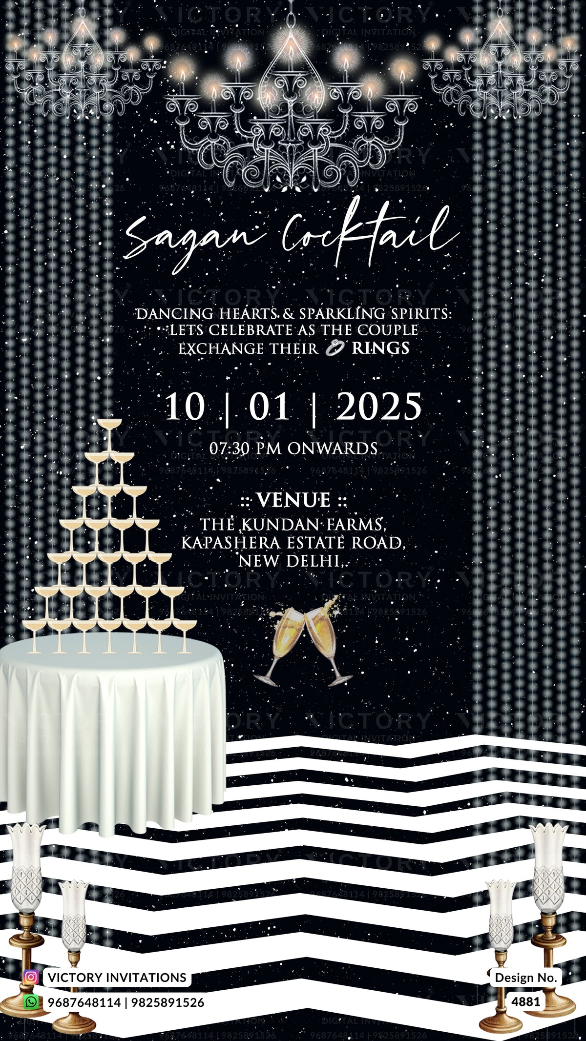 A digital invitation card for a 'Sagan Cocktail' event, featuring a black and silver glittery background with a chandelier illustration, a champagne tower on a white draped table, and a black and white striped foreground.