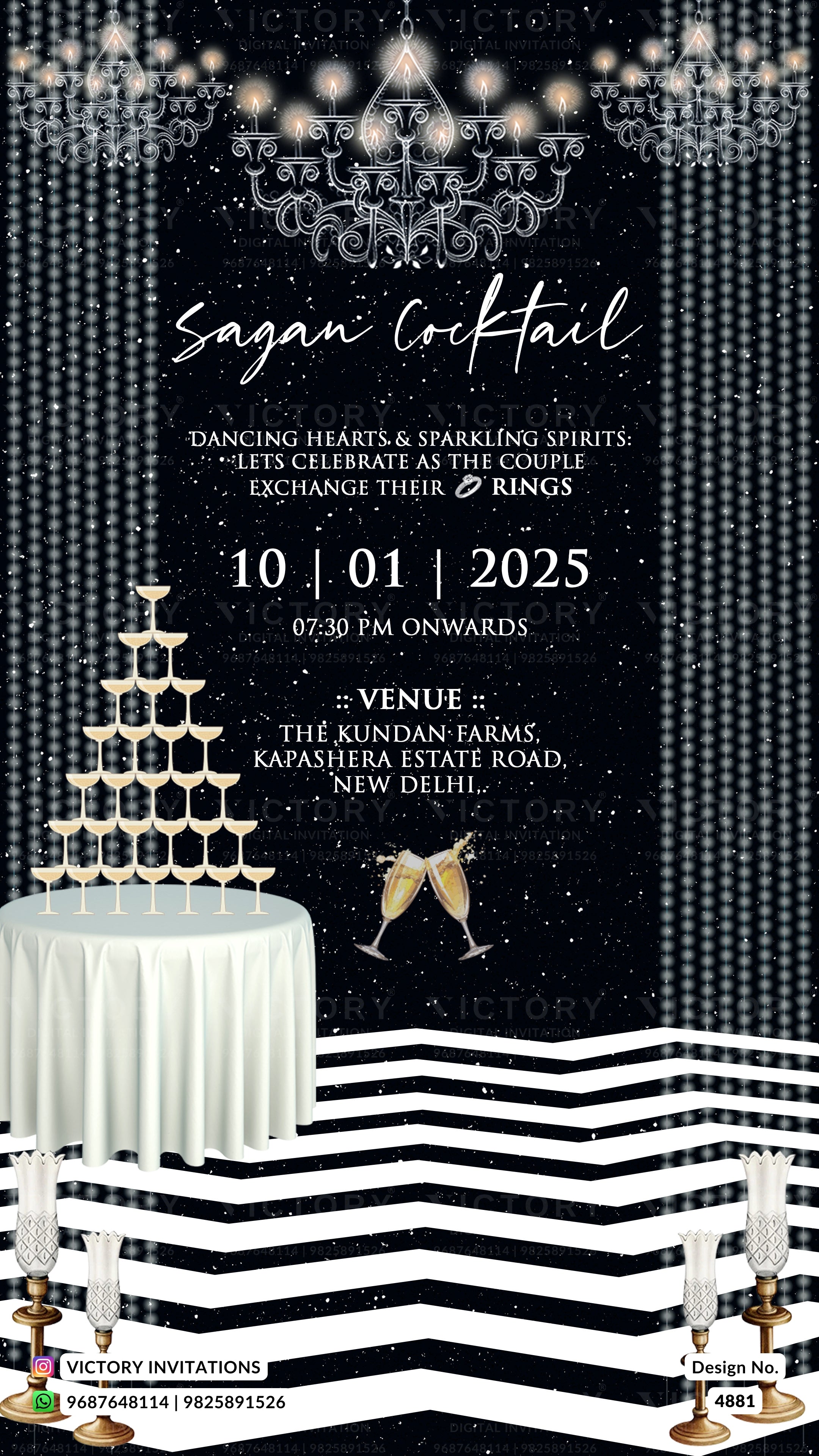 A digital invitation card for a 'Sagan Cocktail' event, featuring a black and silver glittery background with a chandelier illustration, a champagne tower on a white draped table, and a black and white striped foreground.