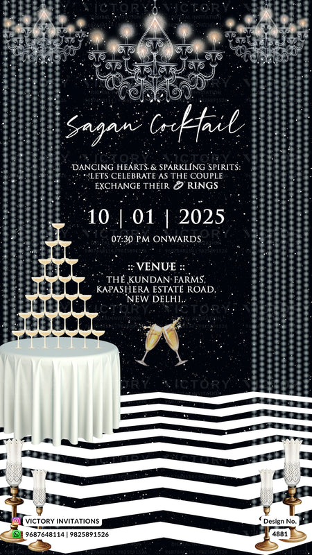 A digital invitation card for a 'Sagan Cocktail' event, featuring a black and silver glittery background with a chandelier illustration, a champagne tower on a white draped table, and a black and white striped foreground.