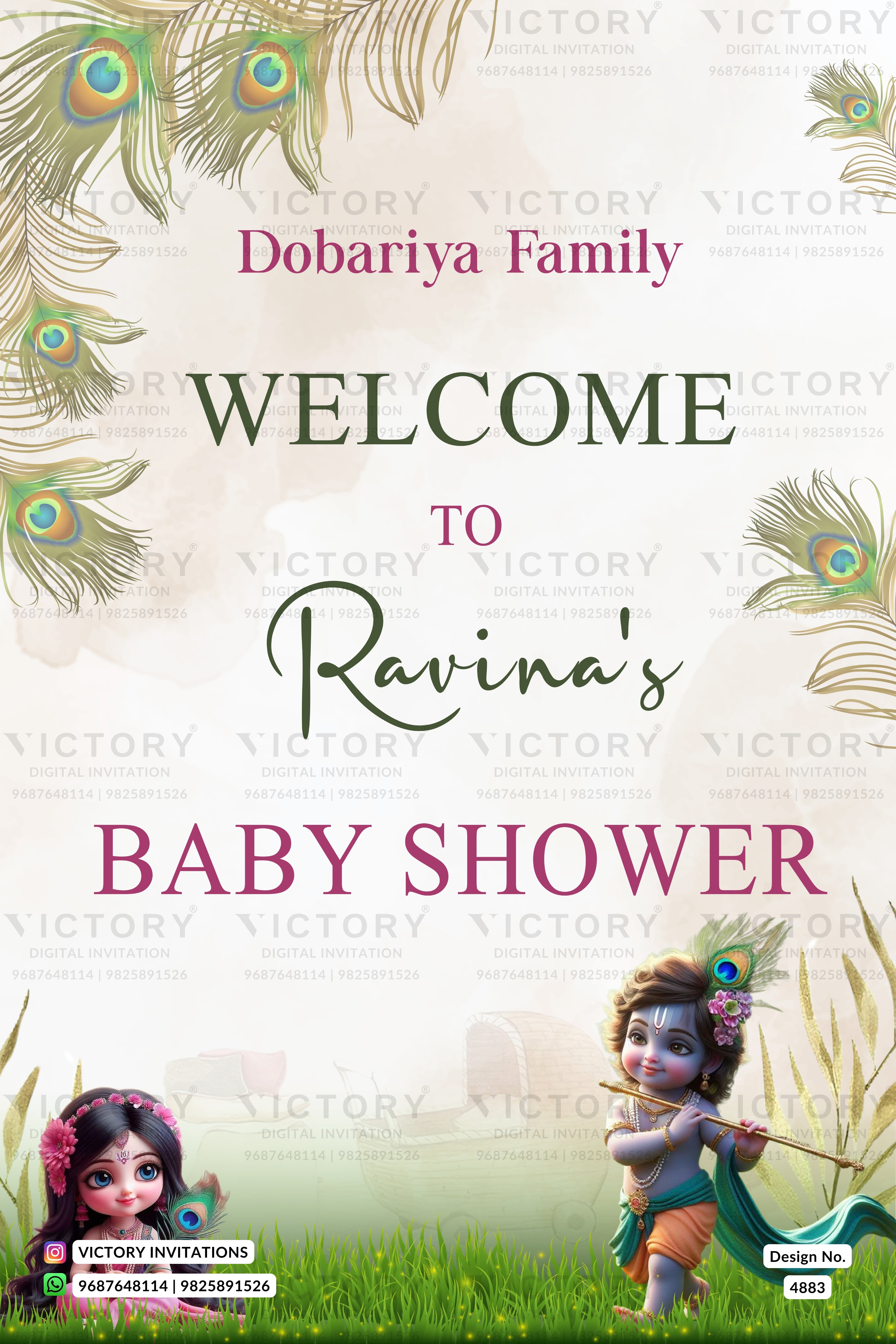 Custom baby shower invitation card with the text 'Dobariya Family WELCOME TO Ravina's BABY SHOWER' in pink and green fonts. The design features peacock feather illustrations in the corners, a cartoon depiction of Lord Krishna in the bottom right, and a cartoon girl in the bottom left, set against a soft cream background with a subtle watermark pattern.