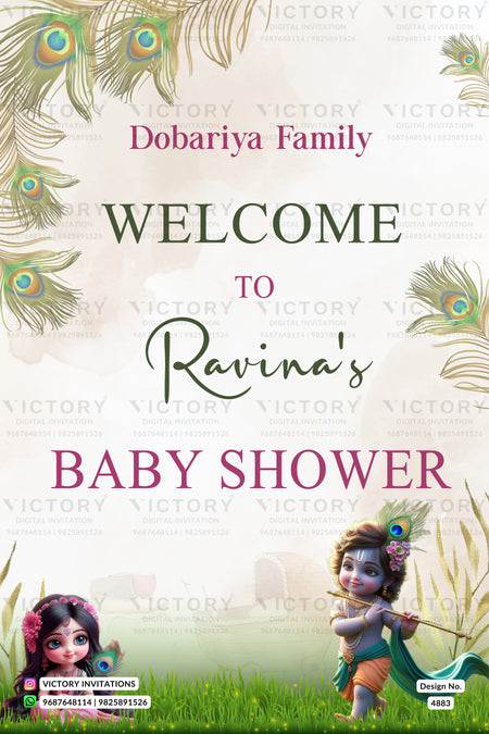 Custom baby shower invitation card with the text 'Dobariya Family WELCOME TO Ravina's BABY SHOWER' in pink and green fonts. The design features peacock feather illustrations in the corners, a cartoon depiction of Lord Krishna in the bottom right, and a cartoon girl in the bottom left, set against a soft cream background with a subtle watermark pattern.