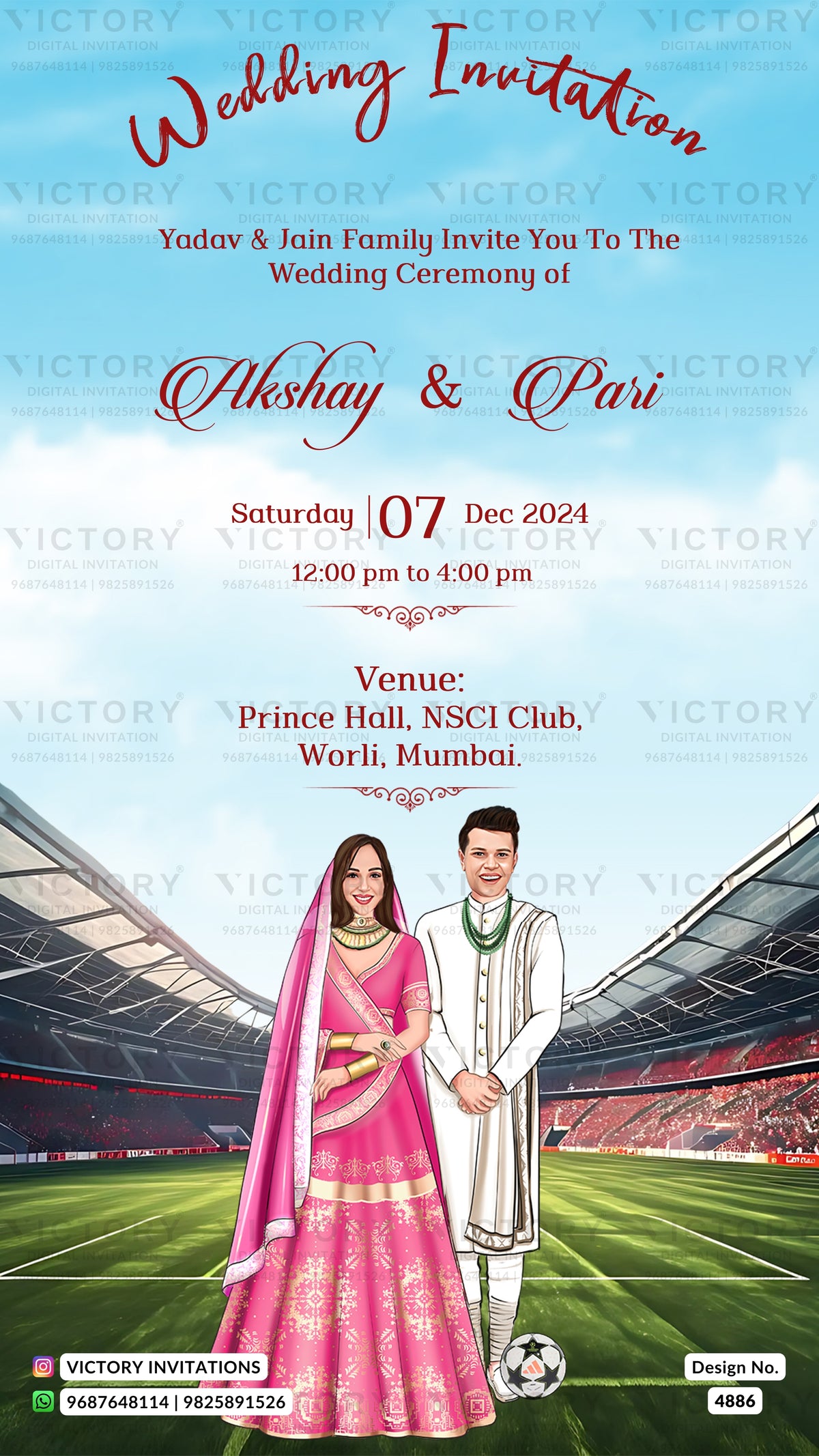 A digital wedding invitation card featuring an illustration of a bride in a pink traditional outfit and a groom in a white kurta standing on a football field in front of a stadium. The text reads 'Wedding Invitation' and details the wedding of Akshay & Pari, held on Saturday, 07 Dec 2024 at 12:00 pm to 4:00 pm at Prince Hall, NSCI Club, Worli, Mumbai.