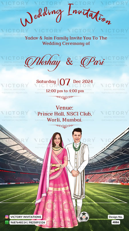 A digital wedding invitation card featuring an illustration of a bride in a pink traditional outfit and a groom in a white kurta standing on a football field in front of a stadium. The text reads 'Wedding Invitation' and details the wedding of Akshay & Pari, held on Saturday, 07 Dec 2024 at 12:00 pm to 4:00 pm at Prince Hall, NSCI Club, Worli, Mumbai.