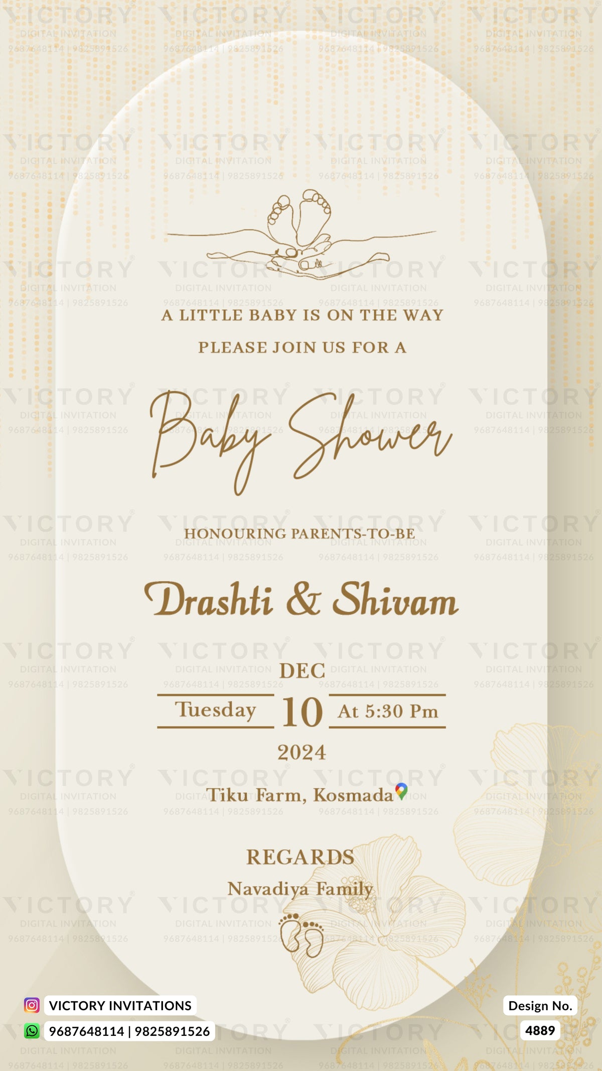 A baby shower invitation card with a cream-colored arched background, featuring elegant gold typography and illustrations of baby feet. The text reads 'A LITTLE BABY IS ON THE WAY PLEASE JOIN US FOR A Baby Shower' and includes the names 'Drashti & Shivam', the date 'Tuesday 10 at 5:30 pm', and the location 'Tiku Farm, Kosmad'.