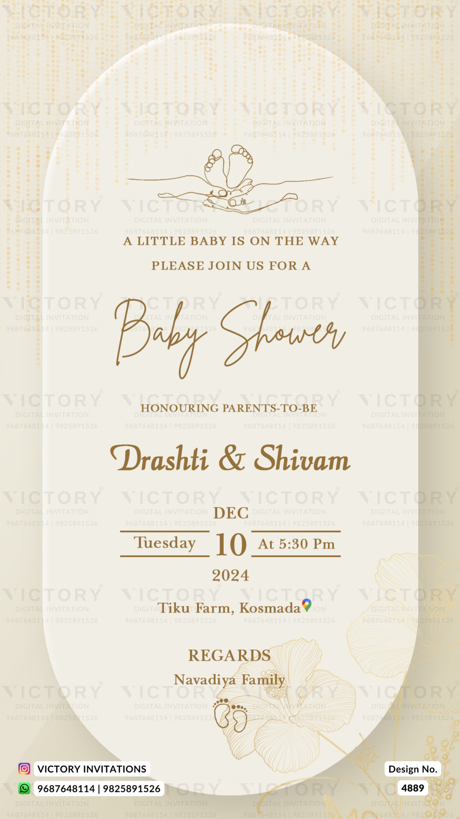 A baby shower invitation card with a cream-colored arched background, featuring elegant gold typography and illustrations of baby feet. The text reads 'A LITTLE BABY IS ON THE WAY PLEASE JOIN US FOR A Baby Shower' and includes the names 'Drashti & Shivam', the date 'Tuesday 10 at 5:30 pm', and the location 'Tiku Farm, Kosmad'.