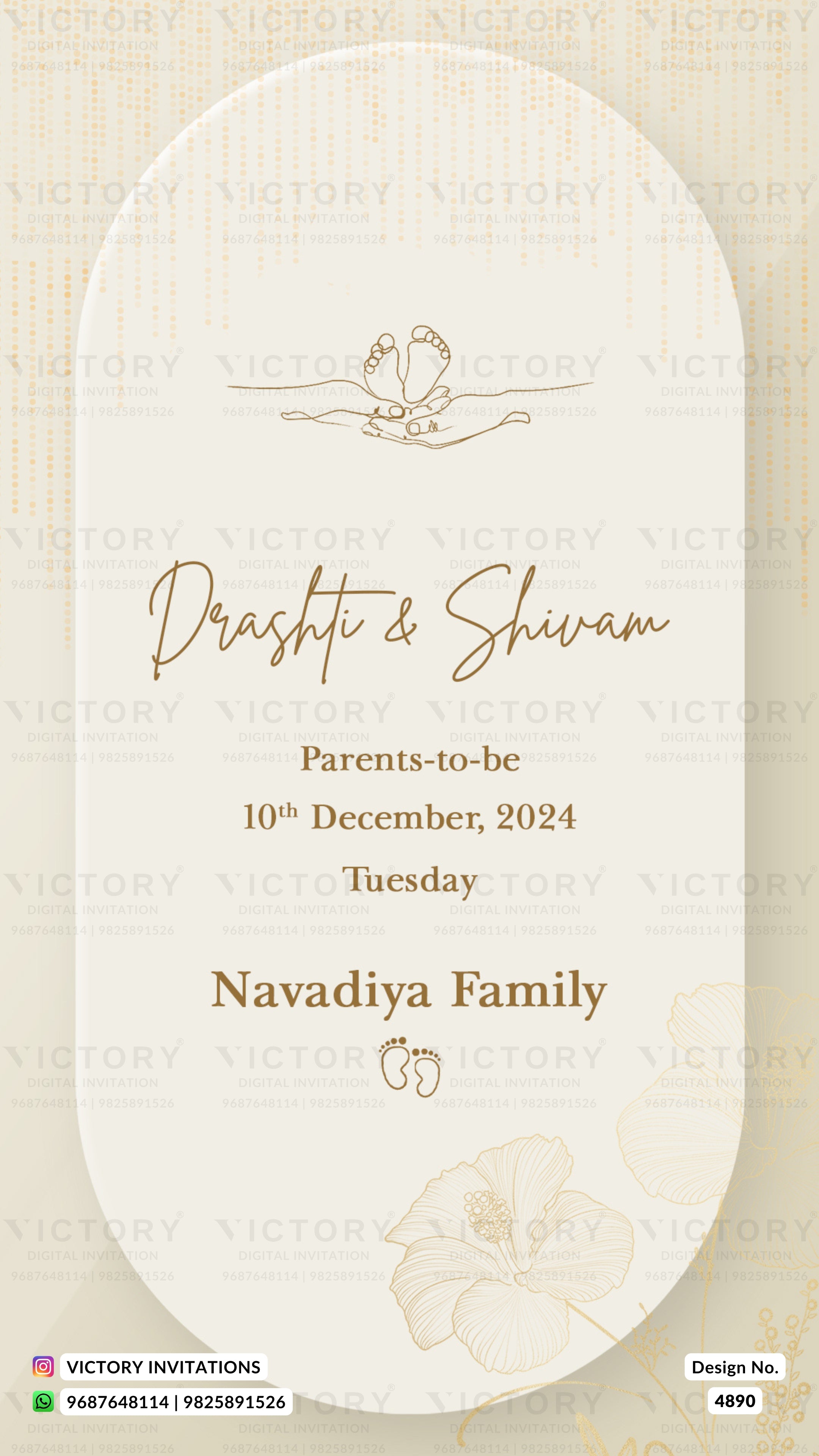 An elegant vertical oval invitation card template with a cream background, featuring gold foil-style text that reads 'Drashti & Shivam', 'Parents-to-be', the date '10th December, 2024', and 'Tuesday', along with delicate floral line art and faint footprints at the top.