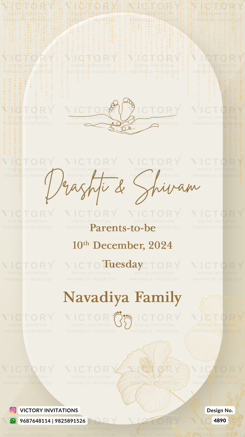 An elegant vertical oval invitation card template with a cream background, featuring gold foil-style text that reads 'Drashti & Shivam', 'Parents-to-be', the date '10th December, 2024', and 'Tuesday', along with delicate floral line art and faint footprints at the top.