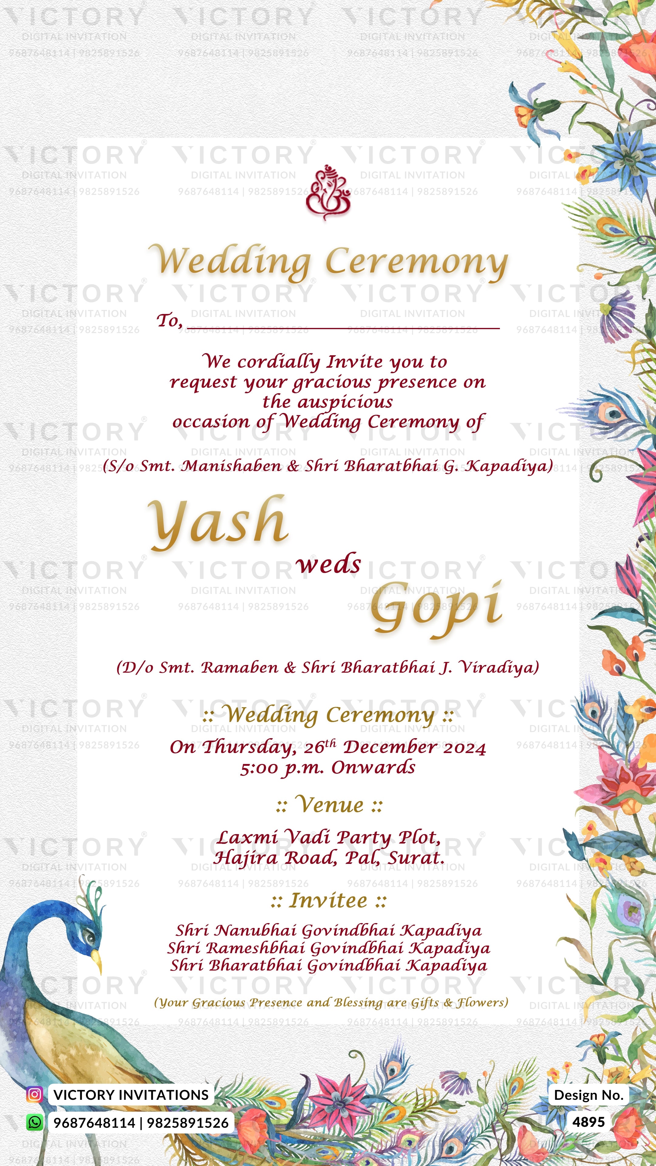 A decorative wedding invitation card with ornate floral borders, a blue peacock illustration, and gold and red text on a white background. The card announces a wedding ceremony with names, date, time, venue, and invitation details.