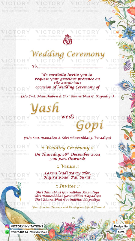 A decorative wedding invitation card with ornate floral borders, a blue peacock illustration, and gold and red text on a white background. The card announces a wedding ceremony with names, date, time, venue, and invitation details.