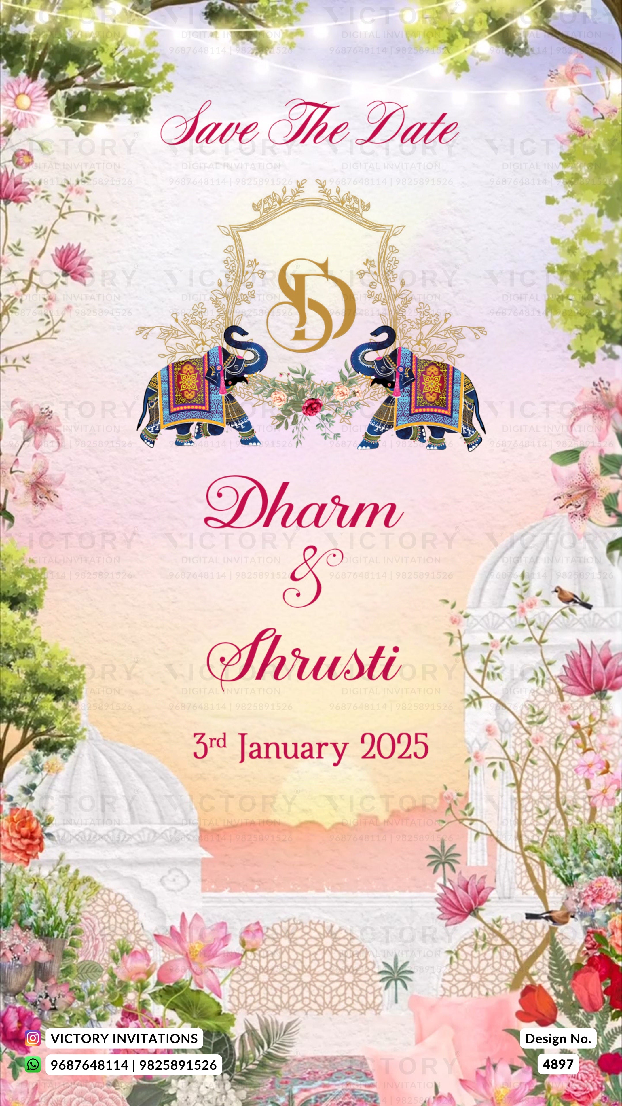 A decorative Indian wedding save-the-date card design with pink script text, two decorated elephants, a monogram crest, domed pavilion illustrations, and floral borders on a pastel background.