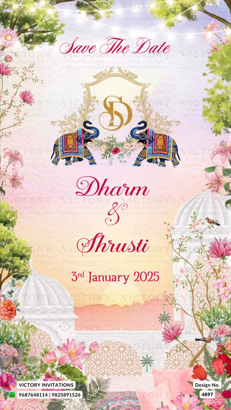 A decorative Indian wedding save-the-date card design with pink script text, two decorated elephants, a monogram crest, domed pavilion illustrations, and floral borders on a pastel background.