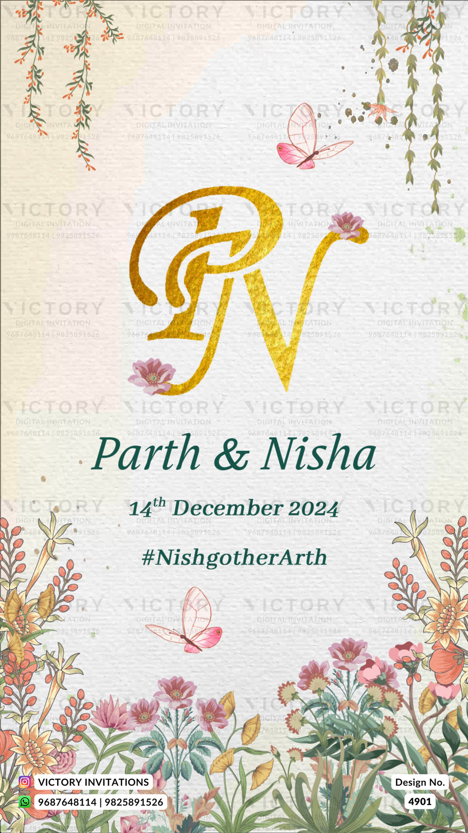 Wedding ceremony invitation card of hindu maharashtrian marathi family in english language with elephant, butterfly as floral theme design 4901
