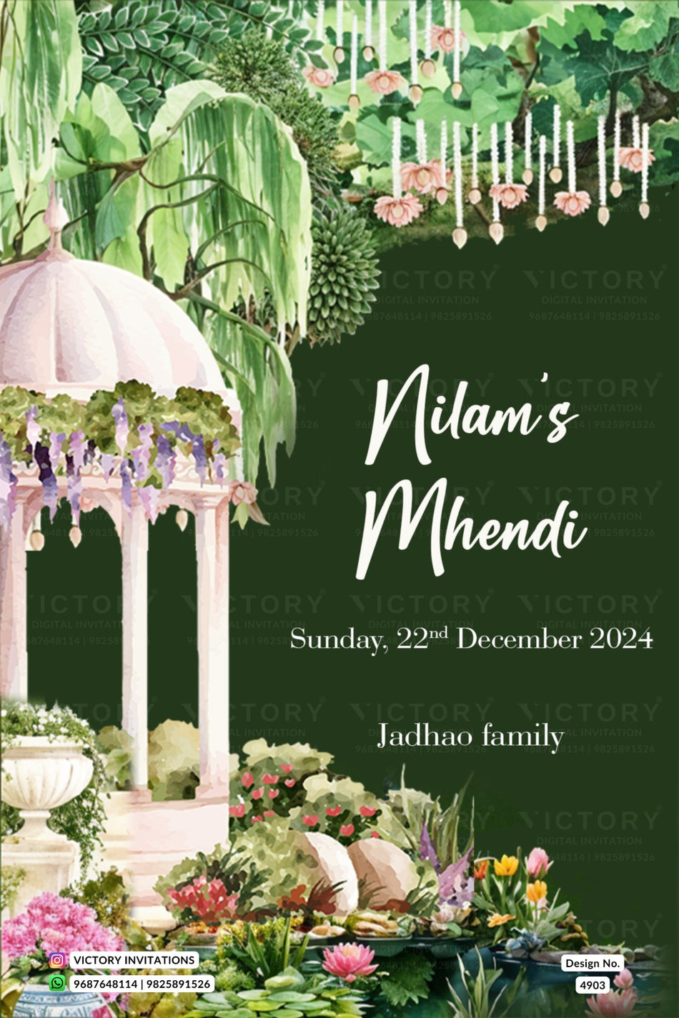 A digital invitation card design for a Hindu Mehndi event, featuring a dark green background with elegant white script text reading 'Nilam's Mehndi' and 'Sunday, 22nd December 2024' and 'Jadhaao family'. The left side showcases a detailed watercolor illustration of a white domed pavilion surrounded by lush green foliage, hanging wisteria, and vibrant pink and yellow flowers.