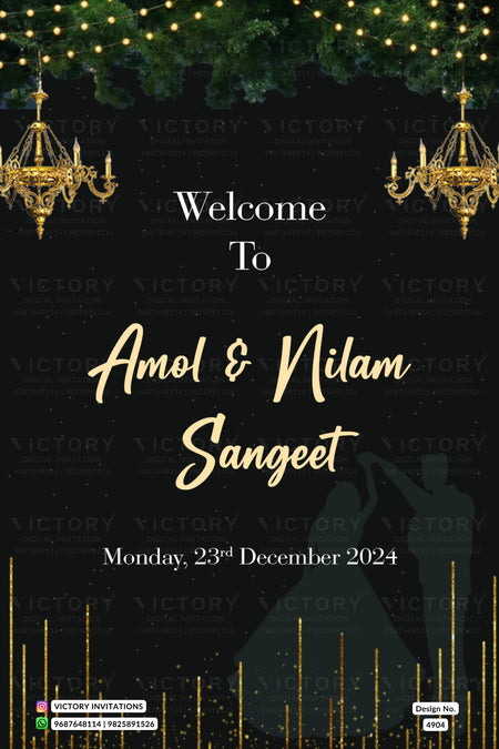 A festive wedding invitation card with a black background, gold chandeliers, green garland, and gold vertical light bars. The text reads 'Welcome To Amol & Nilam Sangeet Monday, 23rd December 2024' with 'Victory Invitations' watermarked across the design.