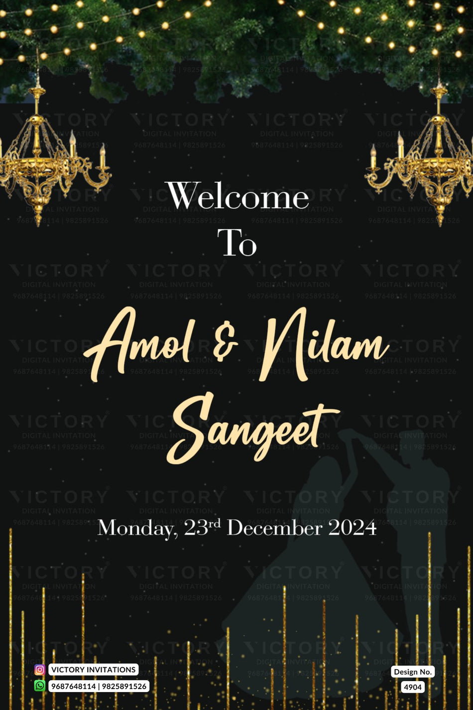 A festive wedding invitation card with a black background, gold chandeliers, green garland, and gold vertical light bars. The text reads 'Welcome To Amol & Nilam Sangeet Monday, 23rd December 2024' with 'Victory Invitations' watermarked across the design.