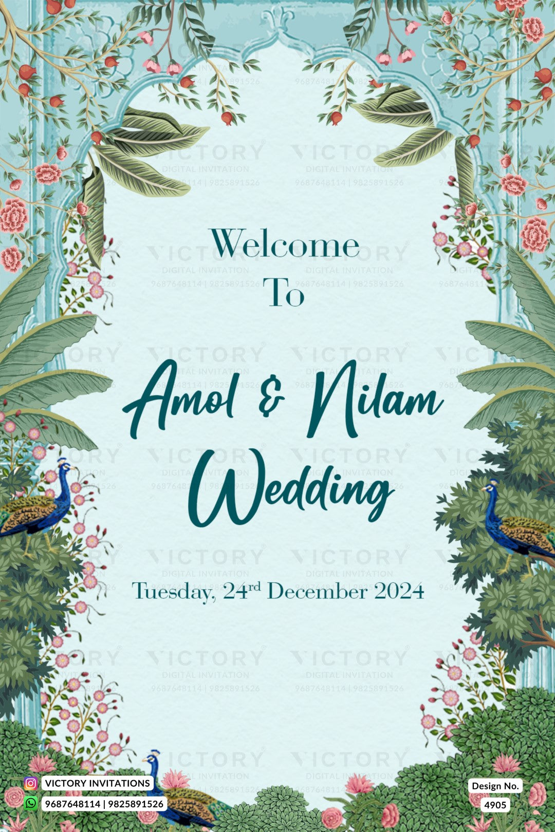 A tropical-themed wedding invitation card design with the text 'Welcome To Amol & Nilam Wedding' and the date 'Tuesday, 24th December 2024'. The card features a light blue-green background framed by lush green leaves, pink roses, peacocks, and floral borders.