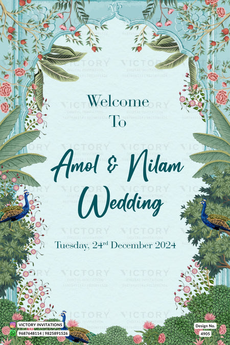 A tropical-themed wedding invitation card design with the text 'Welcome To Amol & Nilam Wedding' and the date 'Tuesday, 24th December 2024'. The card features a light blue-green background framed by lush green leaves, pink roses, peacocks, and floral borders.