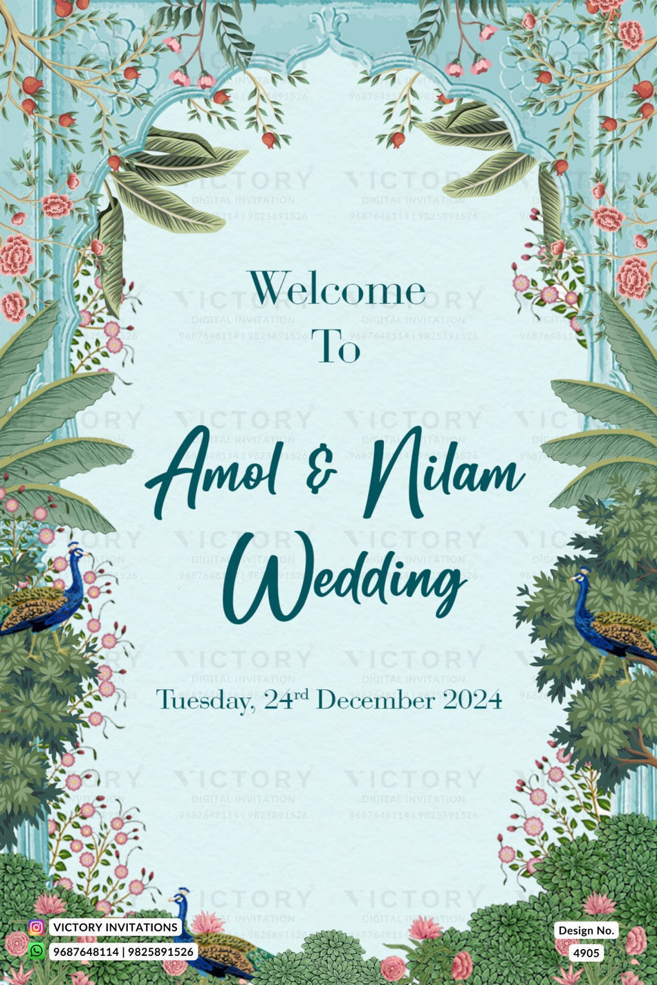 A tropical-themed wedding invitation card design with the text 'Welcome To Amol & Nilam Wedding' and the date 'Tuesday, 24th December 2024'. The card features a light blue-green background framed by lush green leaves, pink roses, peacocks, and floral borders.