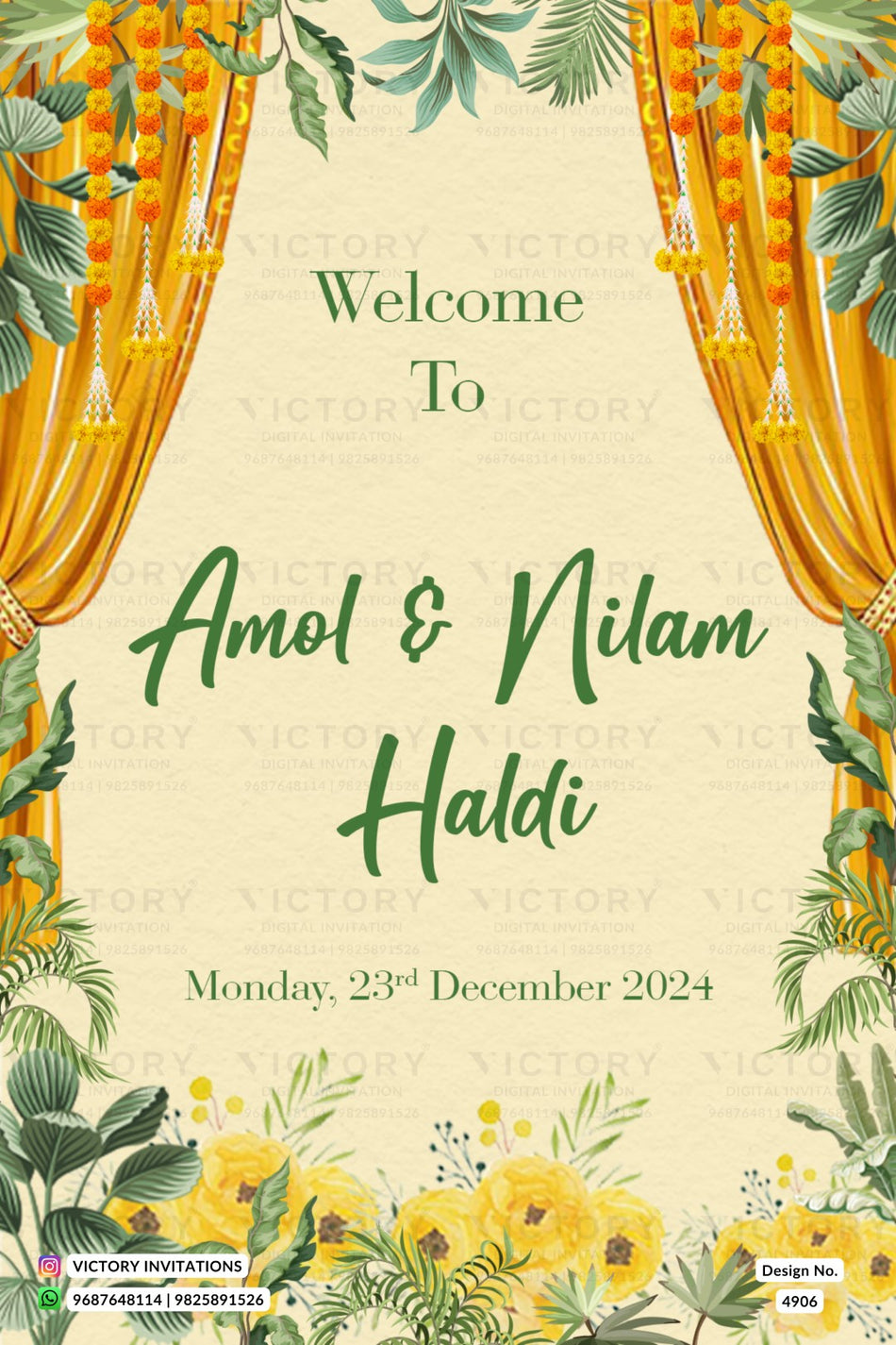 A wedding invitation card design with a cream background, green script text reading 'Welcome To Amol & Nilam Haldi', and yellow floral illustrations framed by orange curtains and green leaves.