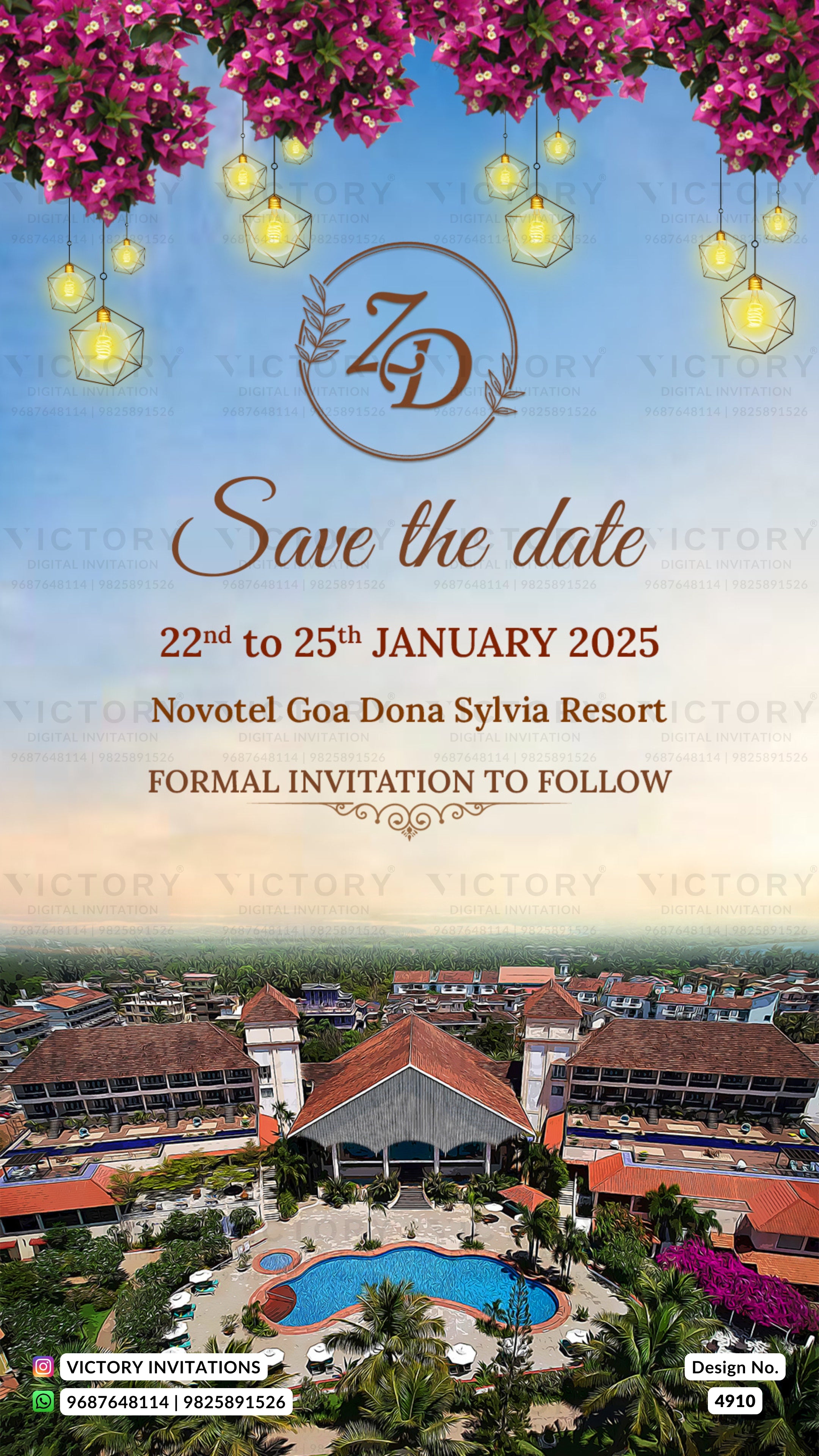 A vertical 'Save the date' invitation card for Novotel Goa Dona Sylvia Resort, featuring a blue sky background, a resort aerial view at the bottom, hanging lanterns and pink flowers at the top, and event details printed in gold and brown text.