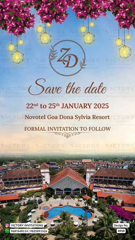 A vertical 'Save the date' invitation card for Novotel Goa Dona Sylvia Resort, featuring a blue sky background, a resort aerial view at the bottom, hanging lanterns and pink flowers at the top, and event details printed in gold and brown text.
