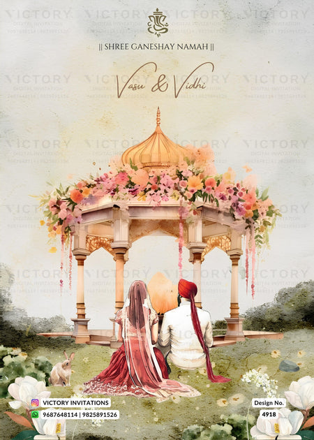 A wedding invitation card design featuring a watercolor illustration of a bride and groom sitting under a floral pavilion. The top displays the text 'Shree Ganeshay Namah', 'Vasu & Vidhi', and the 'Victory Invitations' logo and contact details.