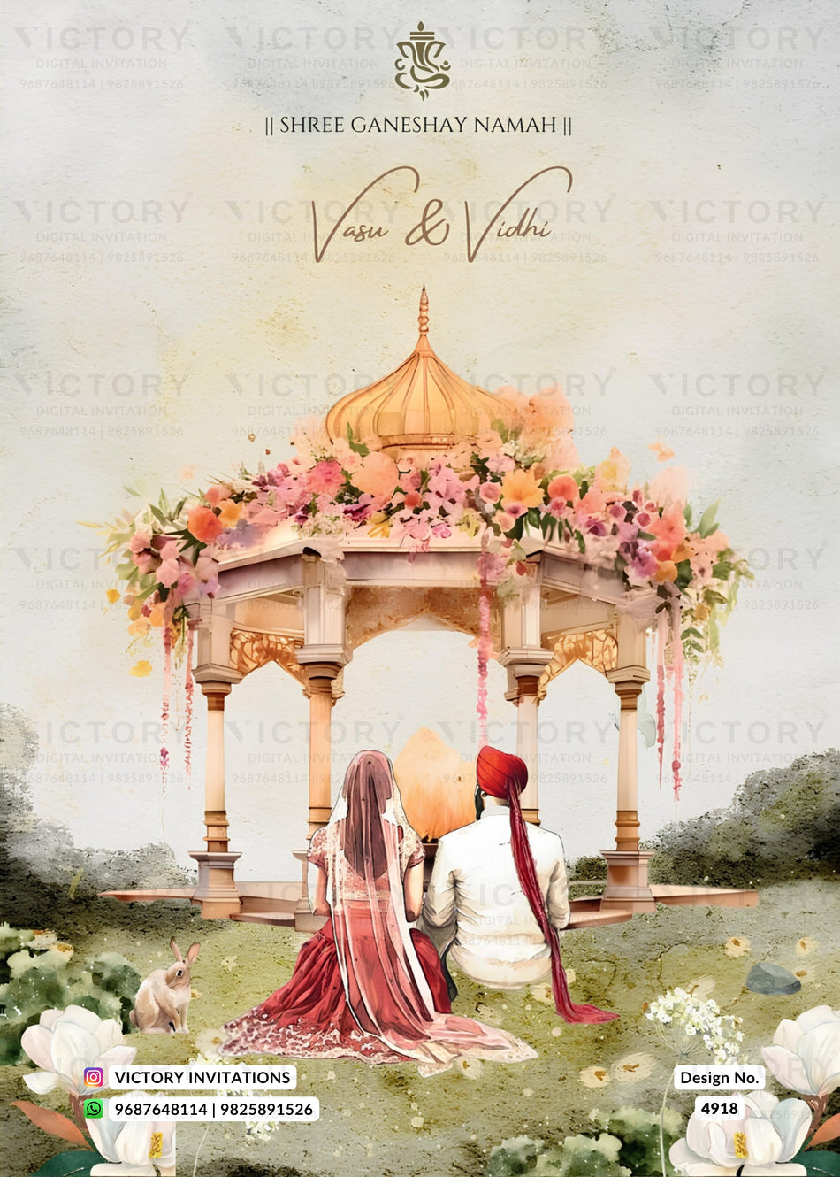A wedding invitation card design featuring a watercolor illustration of a bride and groom sitting under a floral pavilion. The top displays the text 'Shree Ganeshay Namah', 'Vasu & Vidhi', and the 'Victory Invitations' logo and contact details.
