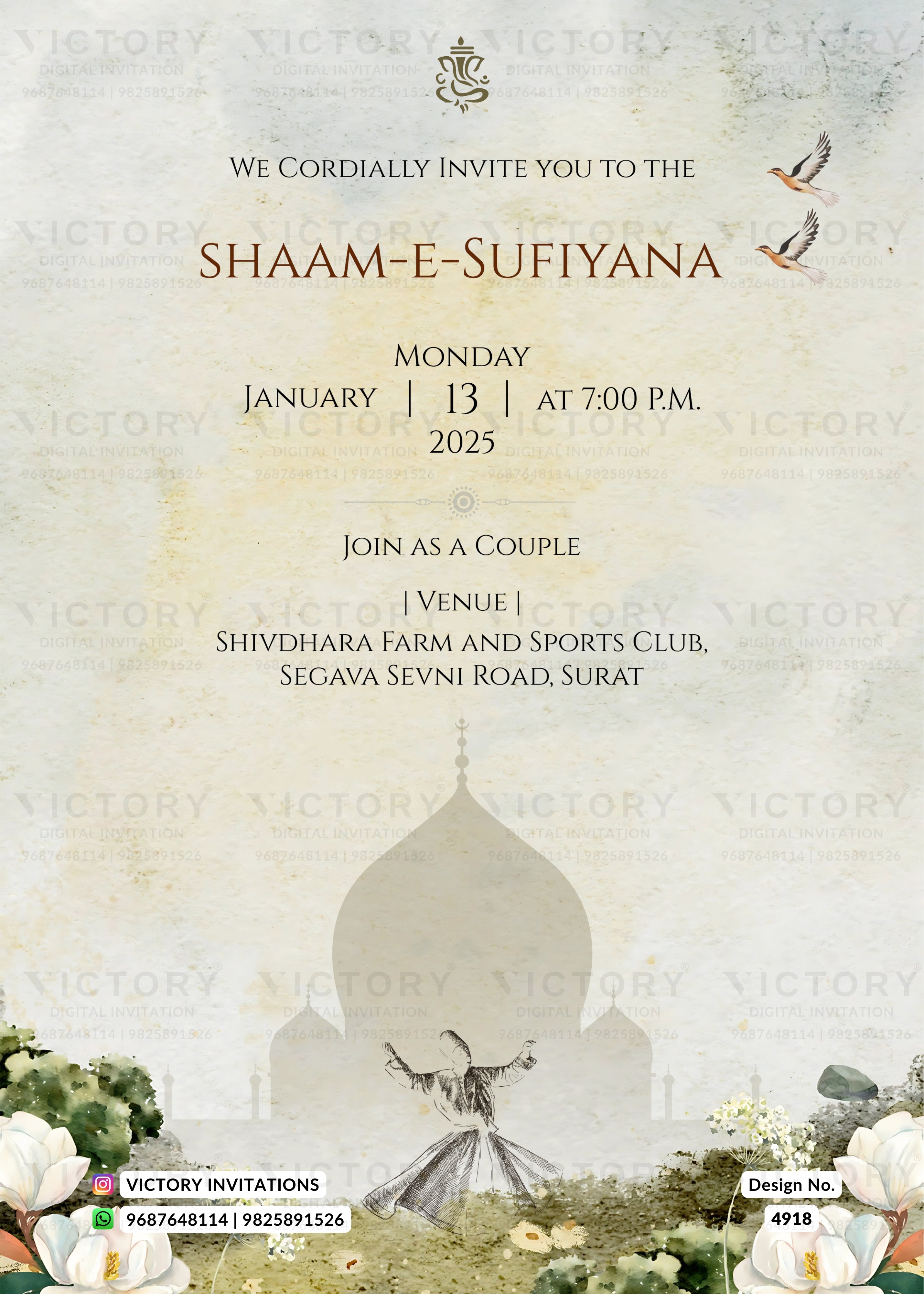 A digital Shaam-E-Sufiyana invitation card from Victory Invitations, featuring a cream-colored textured background, elegant gold and brown typography, a central illustration of a domed mosque, and a traditional dancer in a white dress at the bottom.