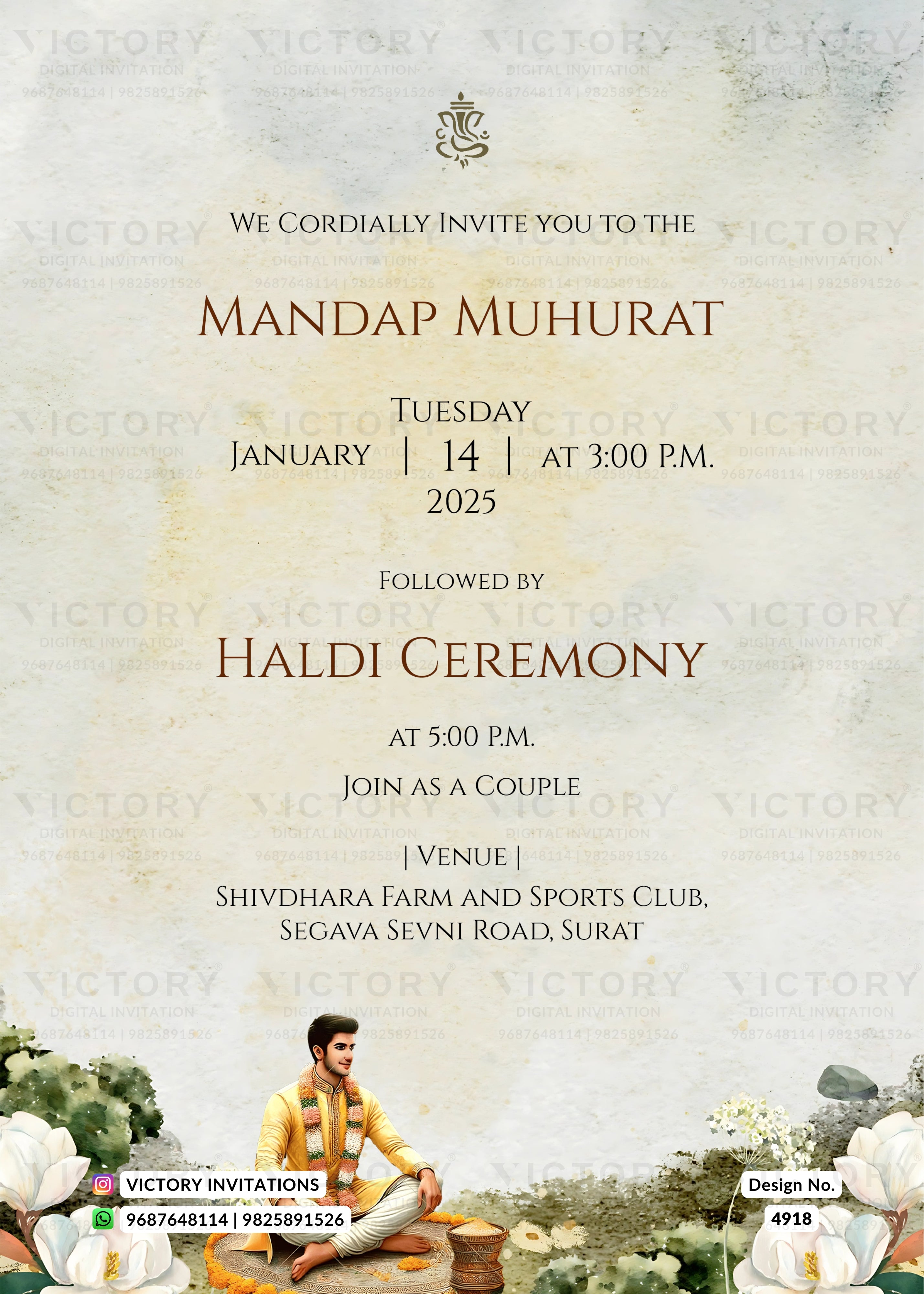 A digital invitation card for a 'Mandap Muhurat' and 'Haldi Ceremony' featuring elegant serif typography on a textured cream background with subtle floral illustrations at the bottom.