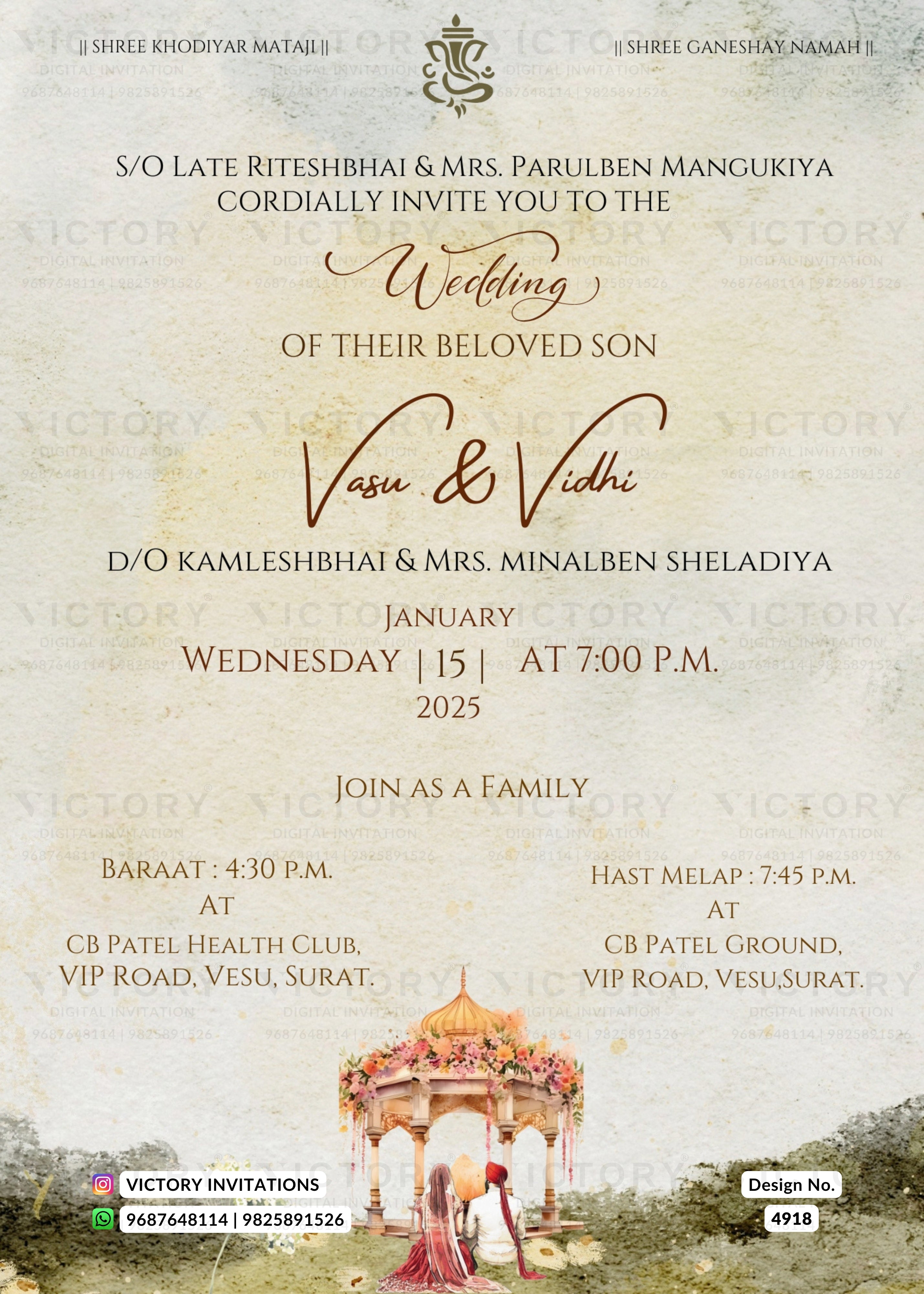A wedding invitation card for Vasu & Vidhi, featuring elegant typography on a textured beige parchment-style background with a small illustration of a couple under a decorated pavilion at the bottom.